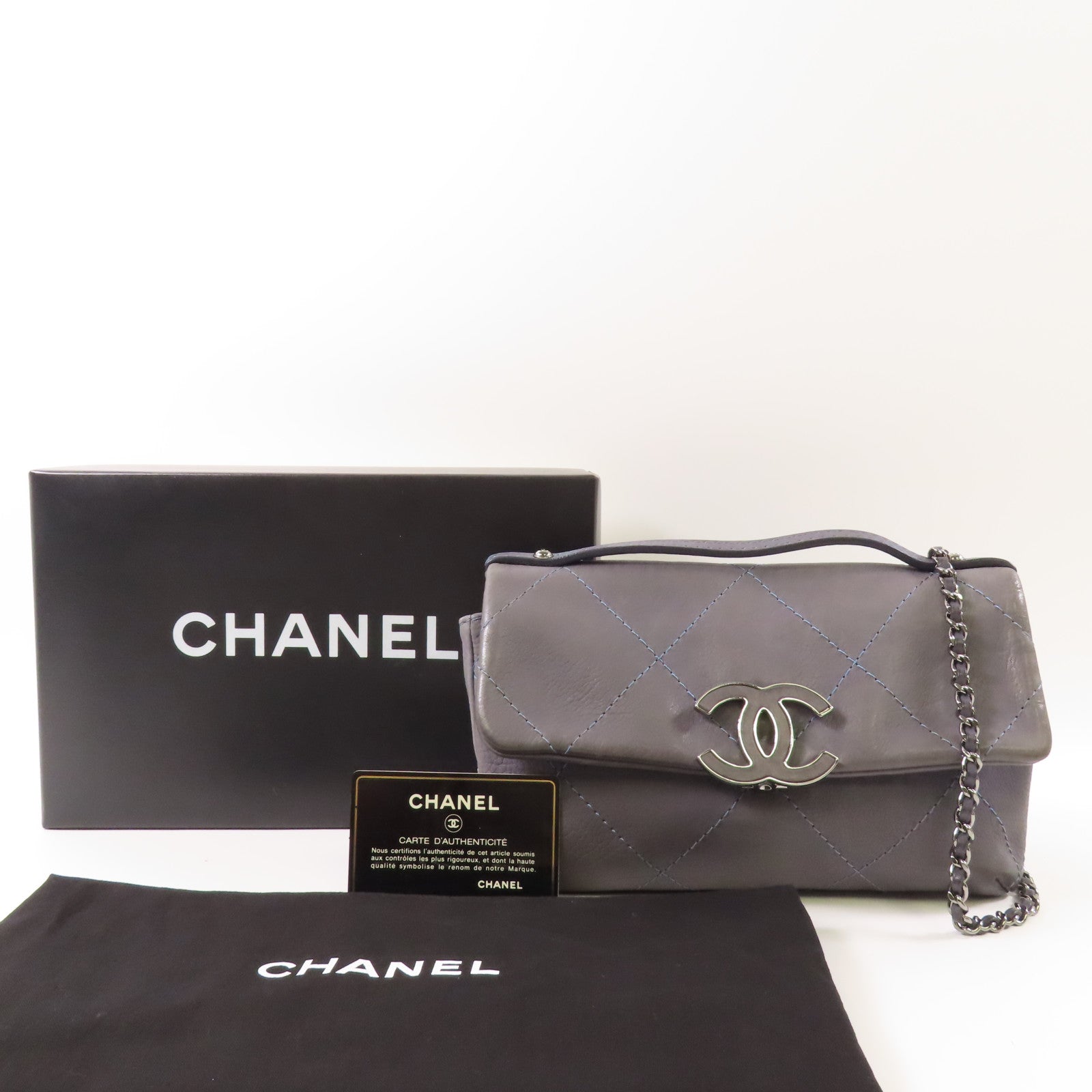 CHANEL 牛皮皮革Chain Shoulder銀扣手挽肩背兩用袋
