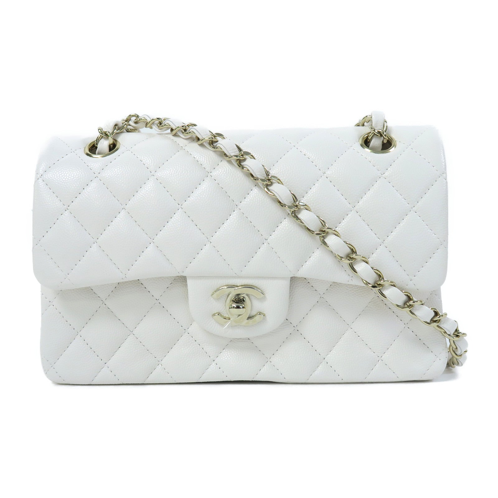 CHANEL 菱格Caviar皮革Classic Flap 23金扣鏈帶肩背袋白色