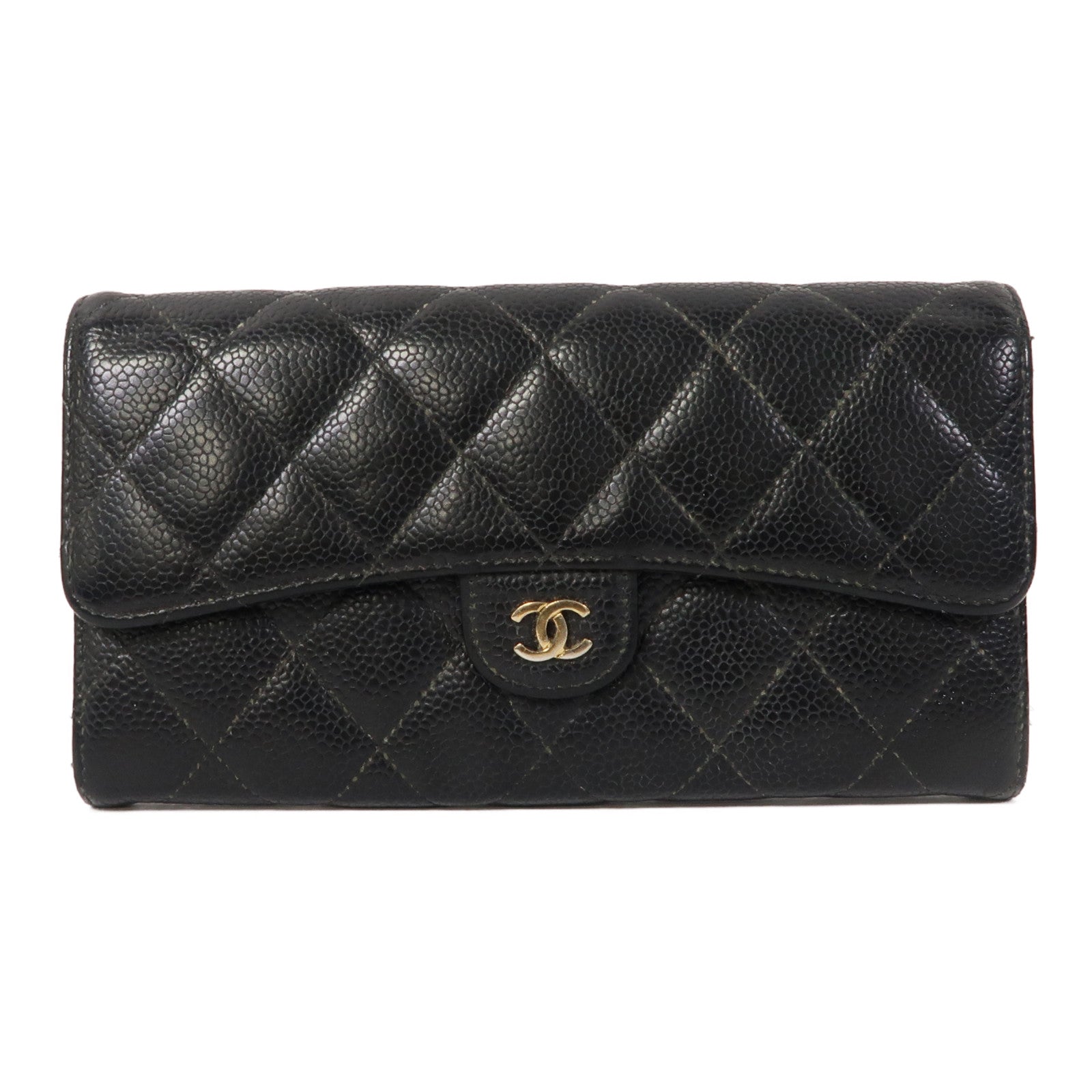 CHANEL Caviar皮革Long Wallet金扣長錢包黑色