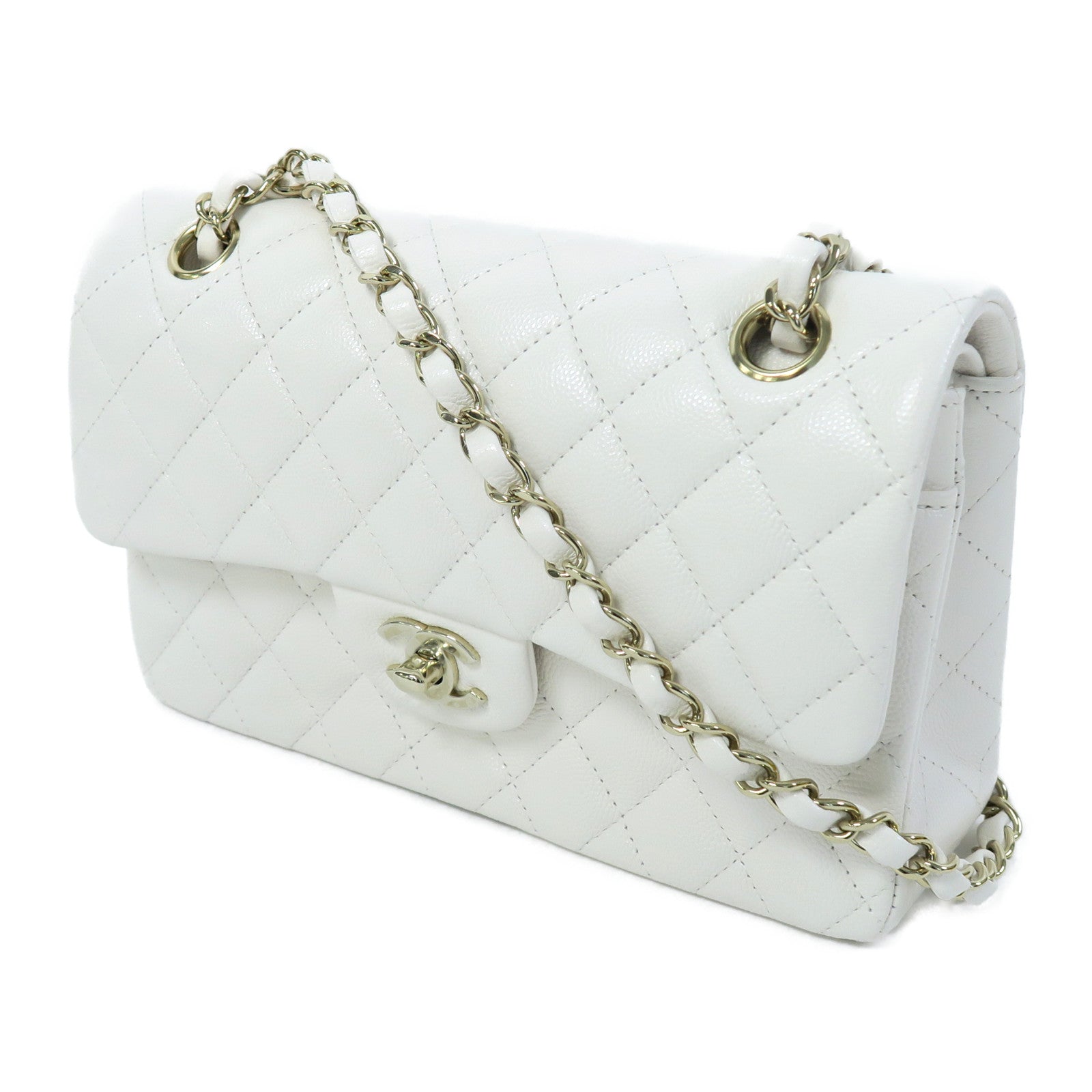 CHANEL 菱格Caviar皮革Classic Flap 23金扣鏈帶肩背袋白色