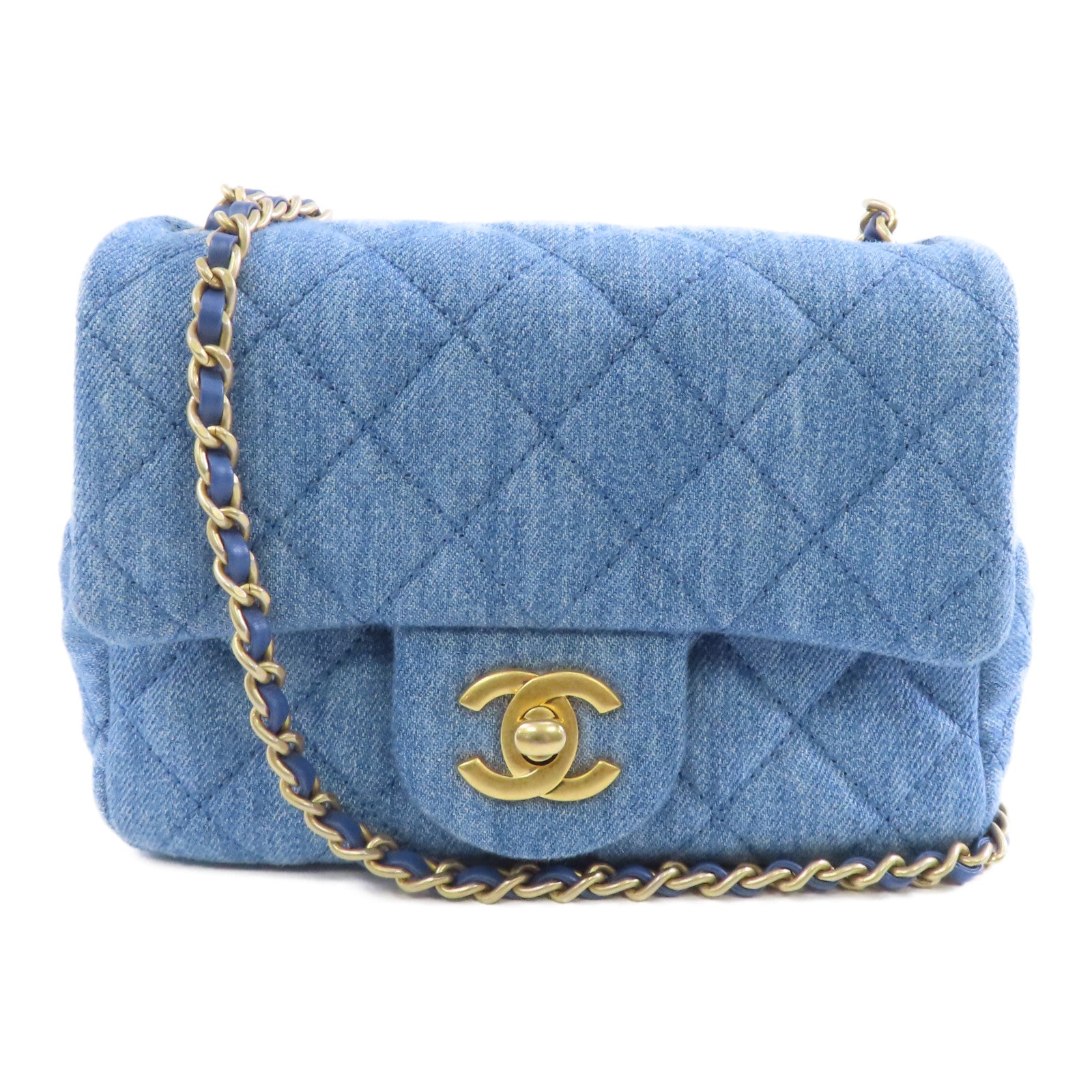 CHANEL 菱格牛仔布Shoulder Bag金扣鏈帶肩背袋藍色