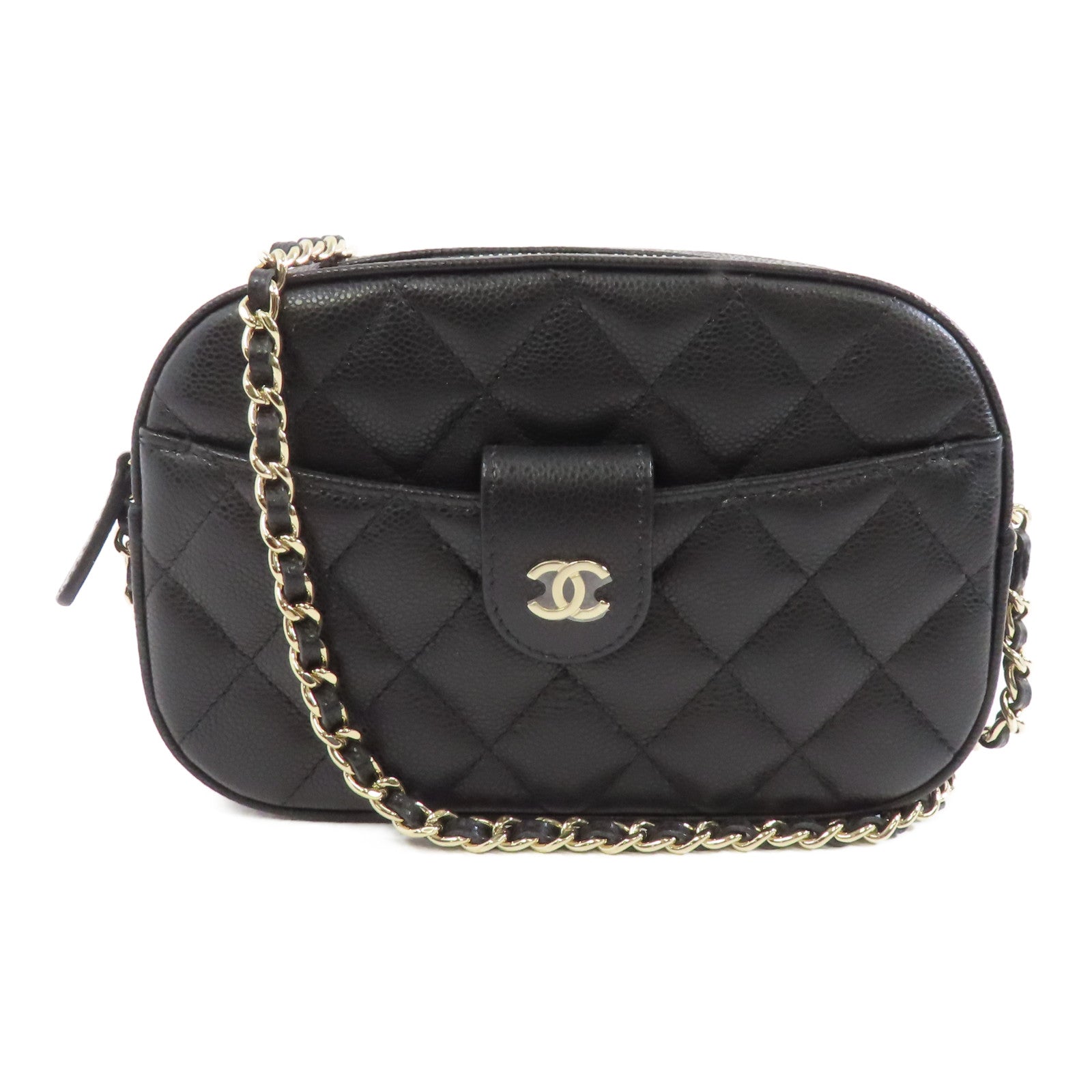 CHANEL 菱格牛皮皮革Chain Shoulder金扣鏈帶肩背袋黑色