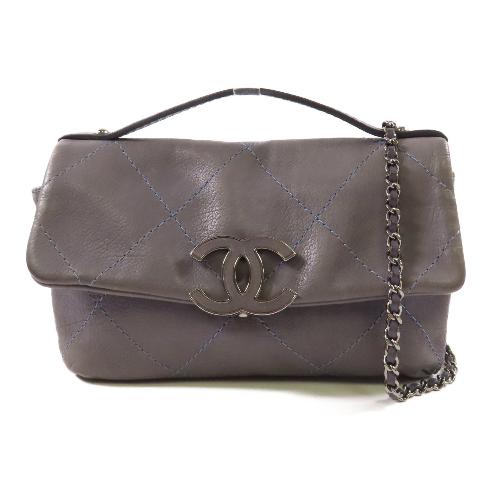 CHANEL 牛皮皮革Chain Shoulder銀扣手挽肩背兩用袋