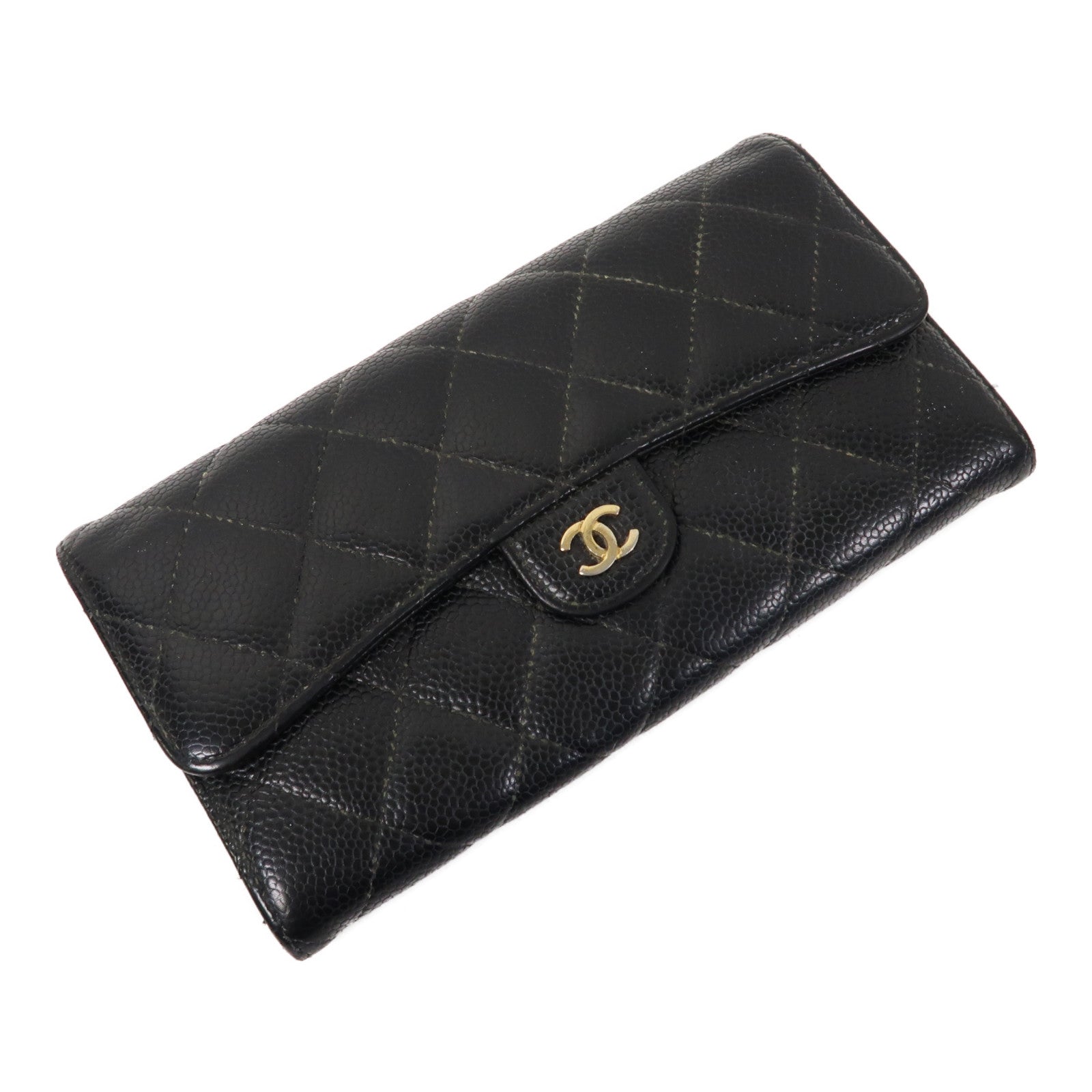 CHANEL Caviar皮革Long Wallet金扣長錢包黑色
