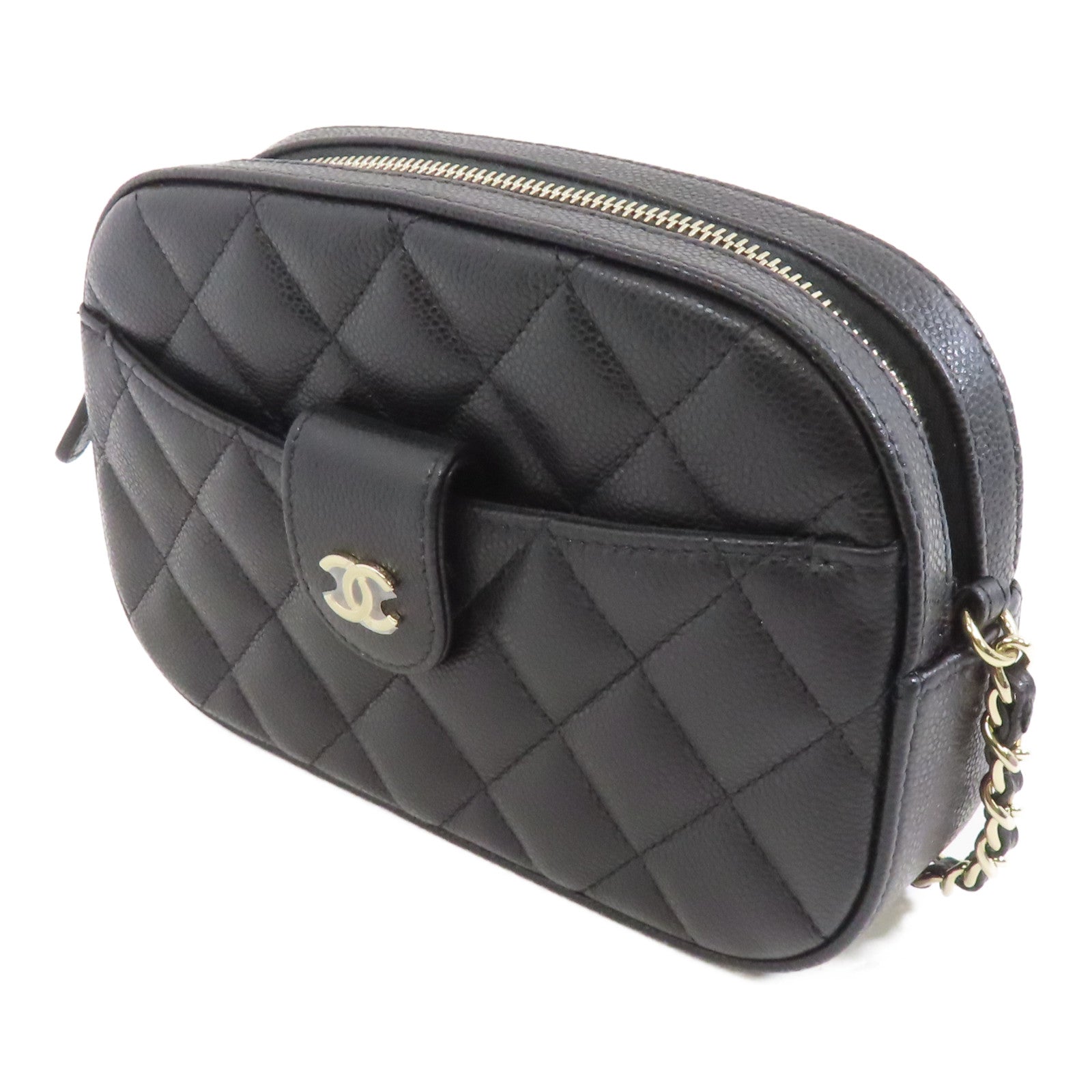 CHANEL 菱格牛皮皮革Chain Shoulder金扣鏈帶肩背袋黑色