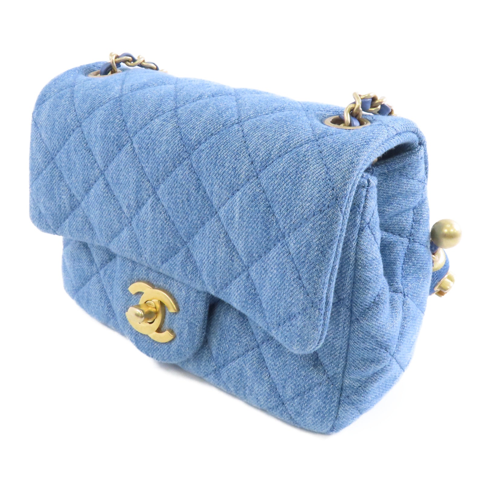 CHANEL 菱格牛仔布Shoulder Bag金扣鏈帶肩背袋藍色