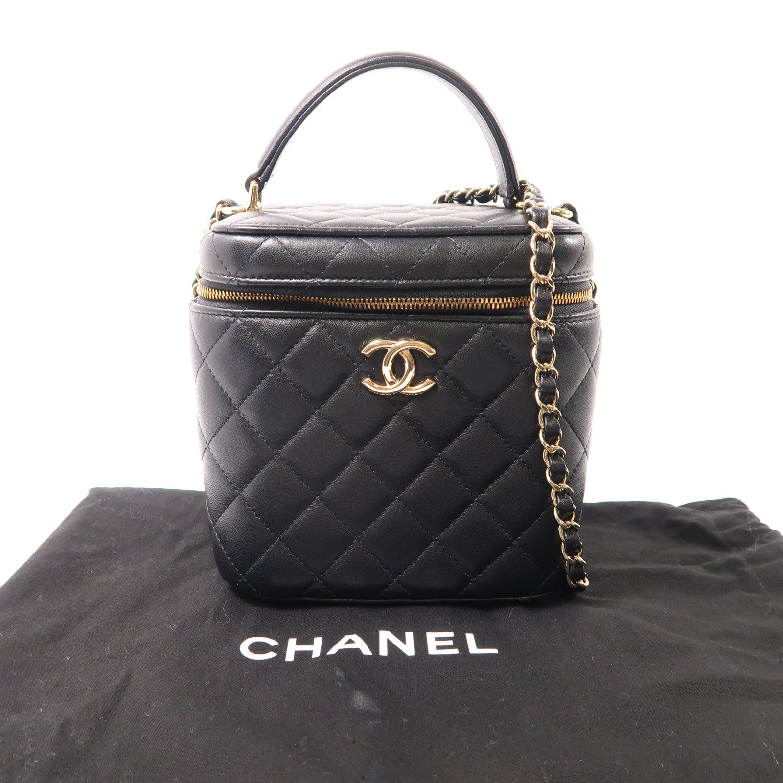 CHANEL (PRICE DOWN) Quilted CC GHW Vanity Chain Shoulder 2 Way Bag Lambskin Leather Black