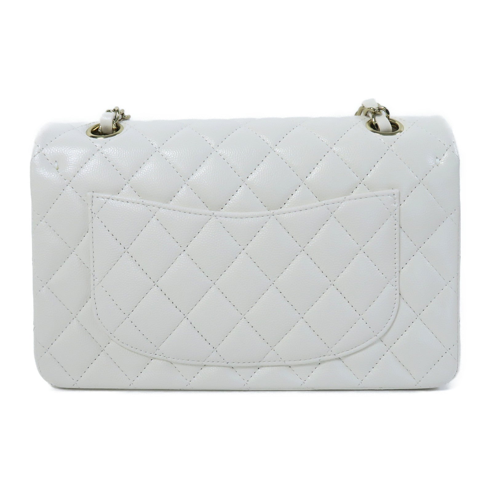 CHANEL 菱格Caviar皮革Classic Flap 23金扣鏈帶肩背袋白色