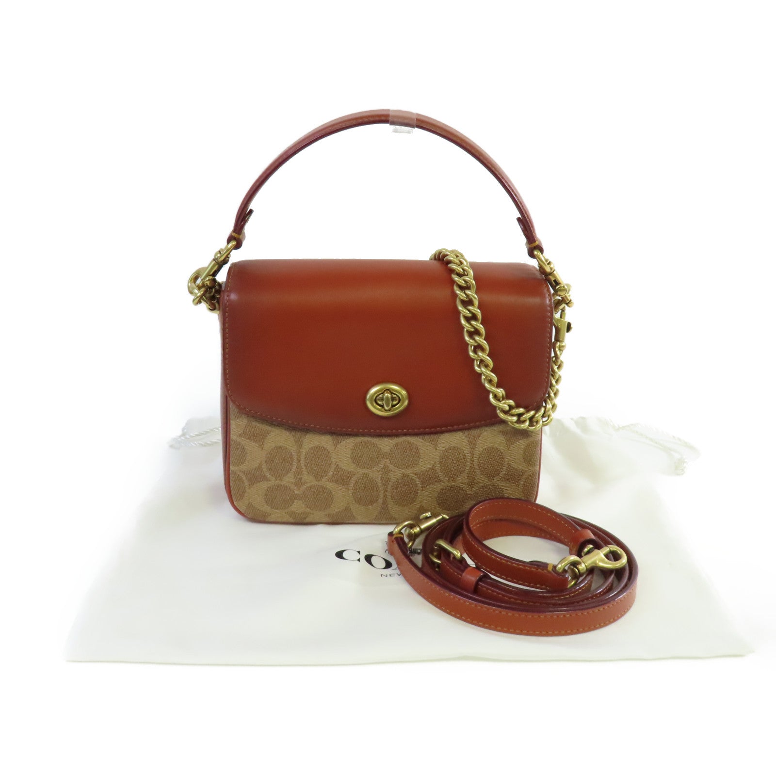 COACH 【激減優惠】塗層帆布/牛皮皮革Marlie Top Handle 2Way Shoulder Bag金扣鏈帶肩背袋啡色