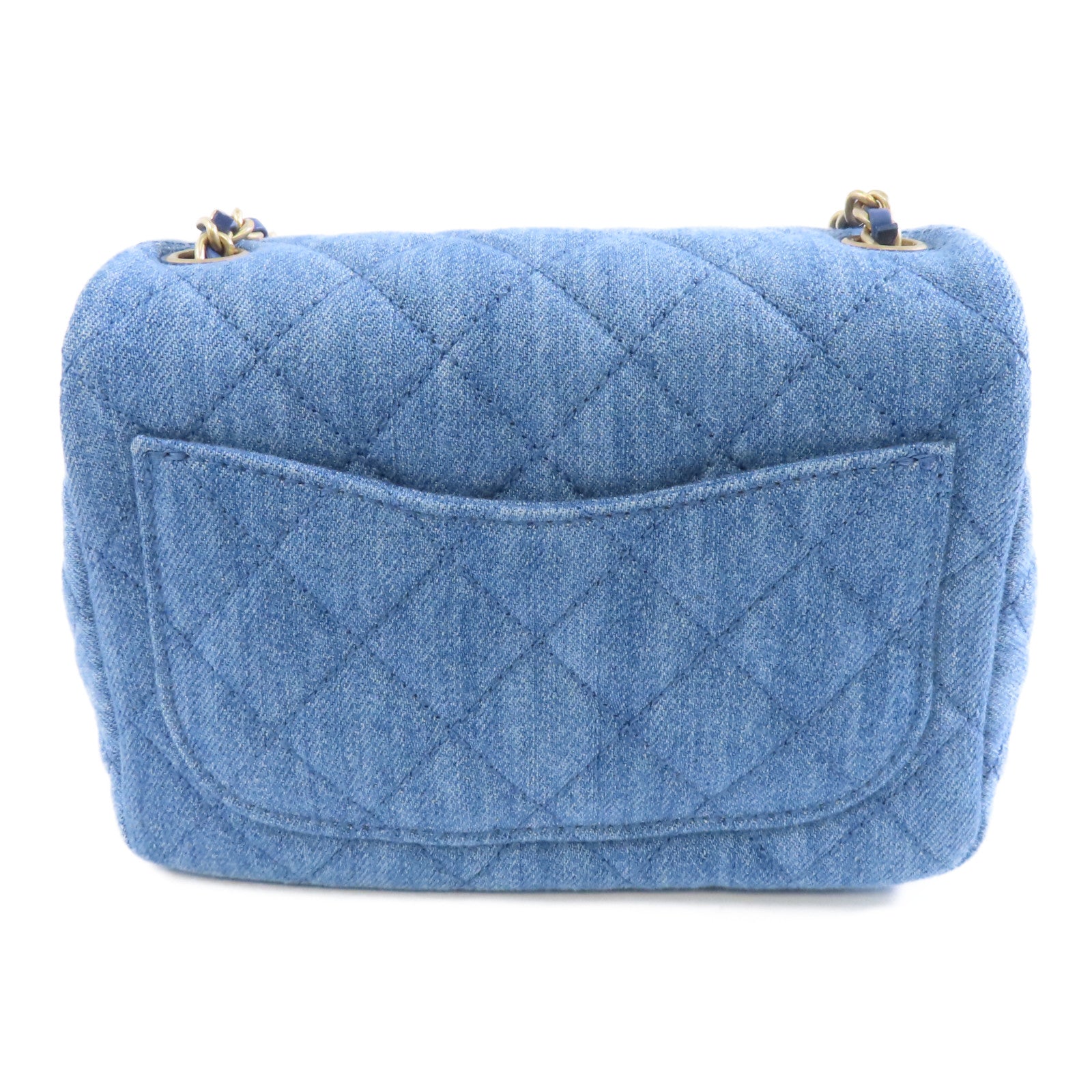 CHANEL 菱格牛仔布Shoulder Bag金扣鏈帶肩背袋藍色