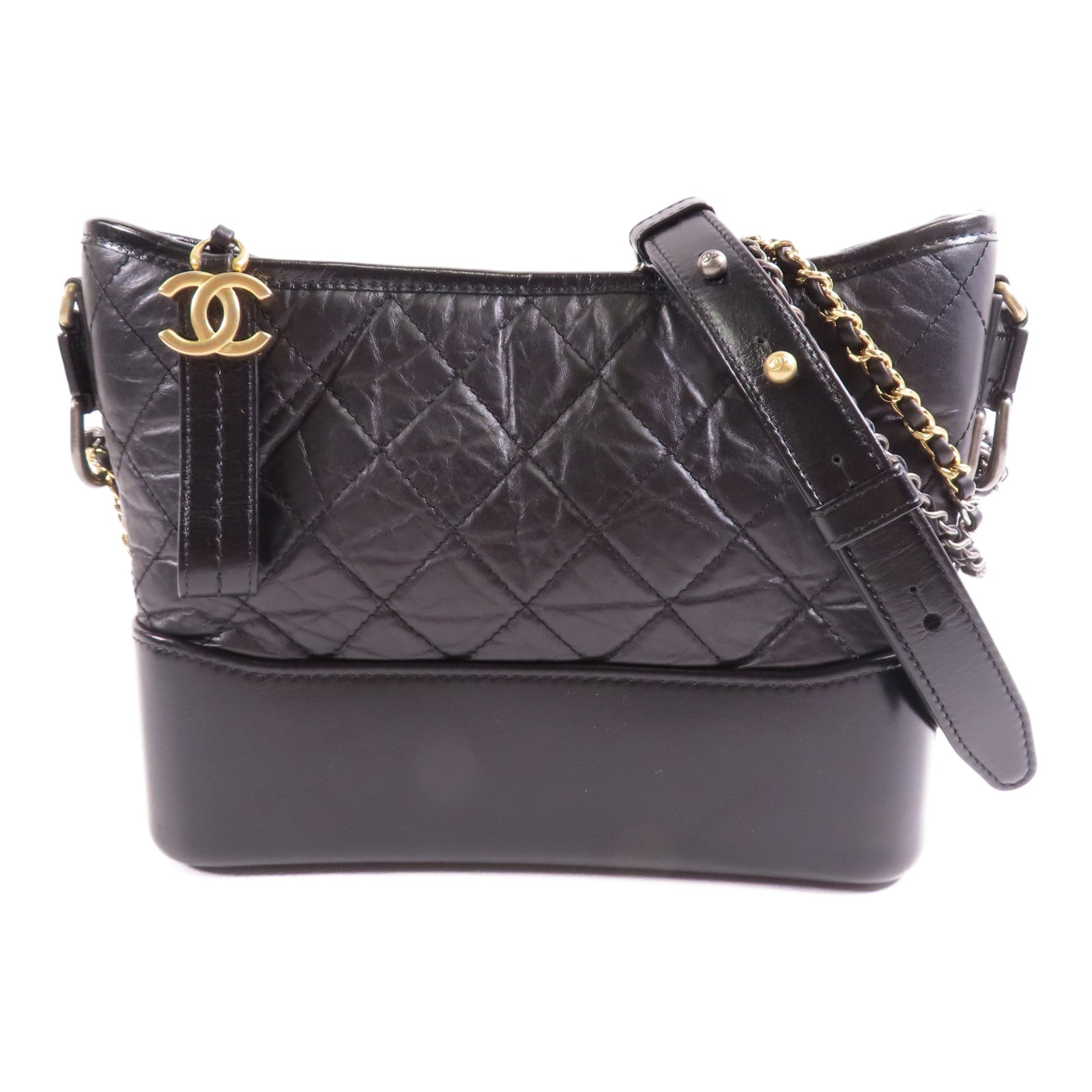 CHANEL CC GHW Garbrielle Medium Chain Shoulder Bag Calfskin Leather Black