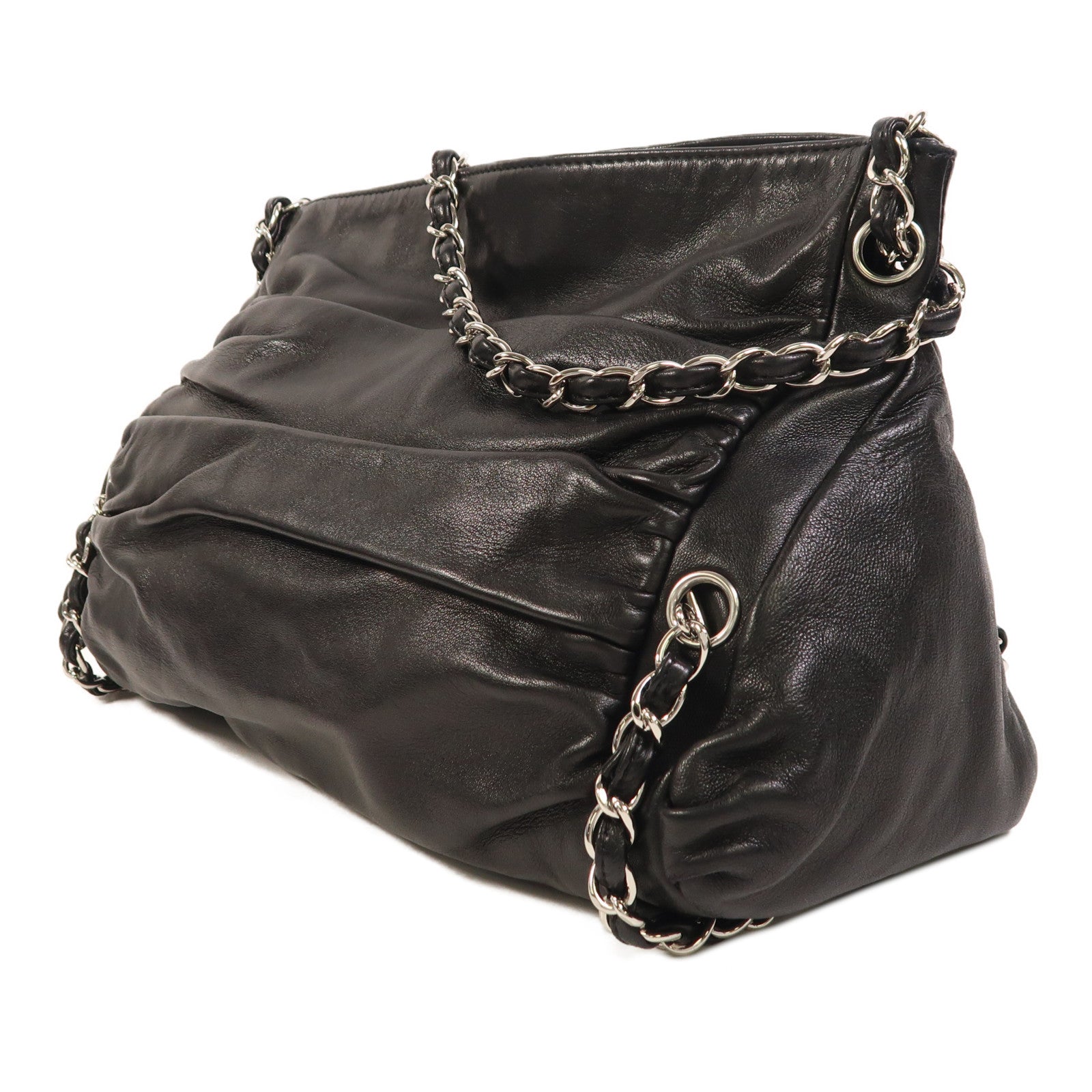 CHANEL 羊皮皮革Chain Shoulder銀扣鏈帶肩背袋