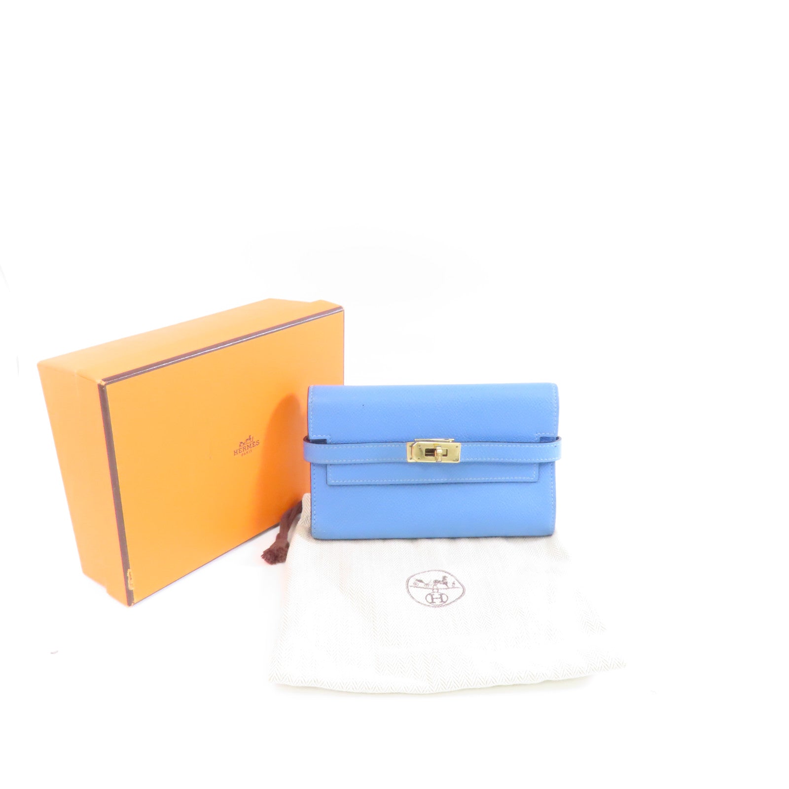 HERMES 【激減優惠】Epsom皮革Kelly Compact Wallet金扣錢包Blue Paradis/藍色