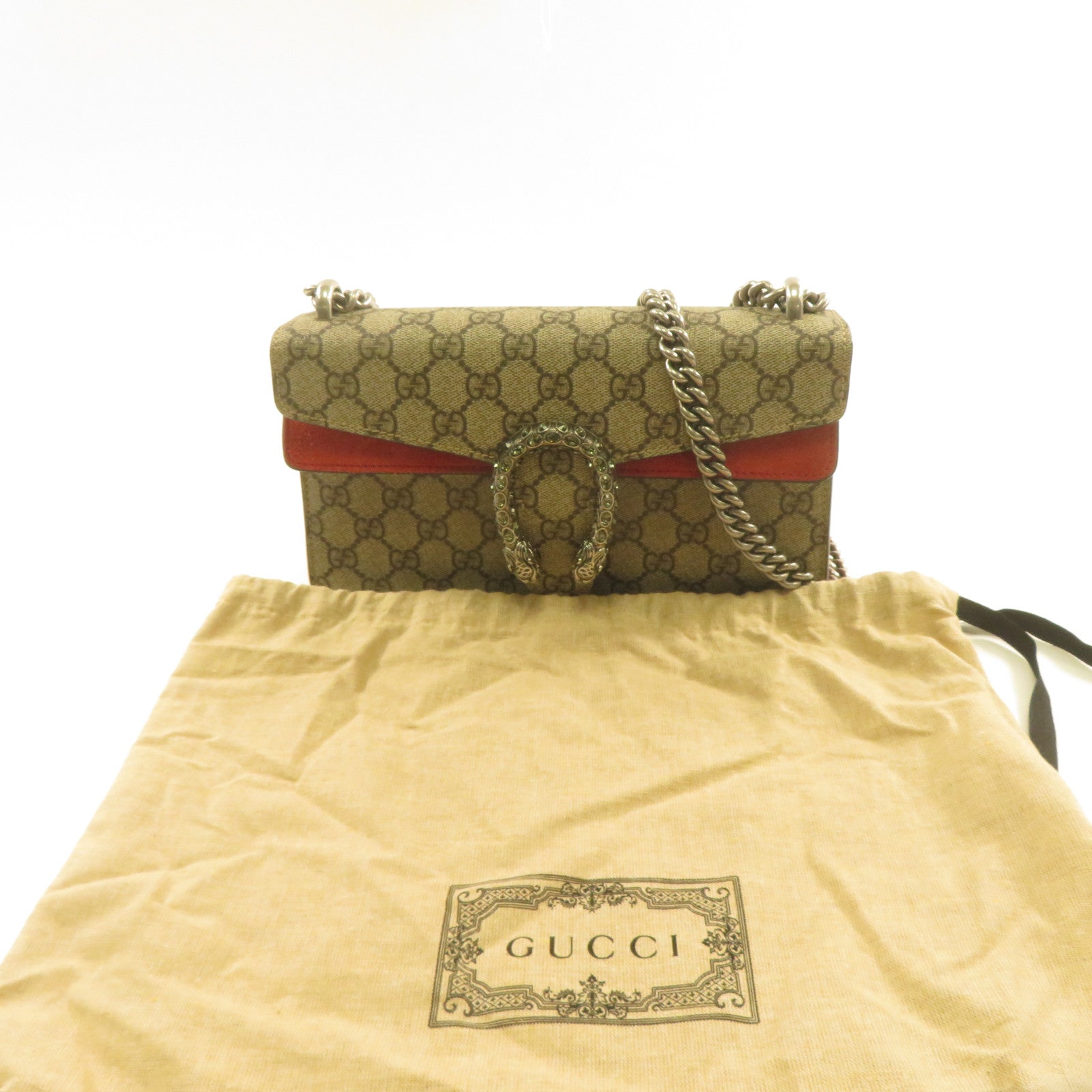 GUCCI 塗層帆布Disoysus銀扣鏈帶肩背袋紅色