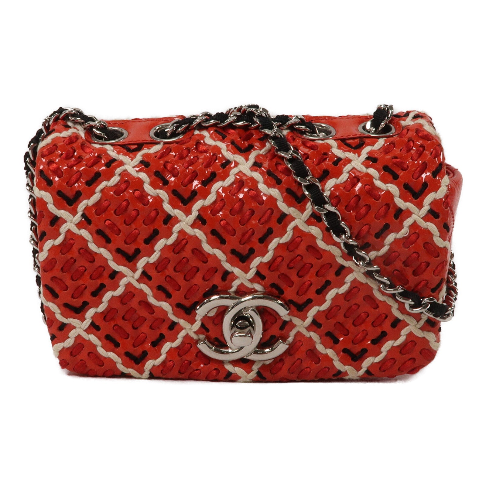 CHANEL 漆皮皮革Woren Stitch Mini Flap鏈帶肩背袋