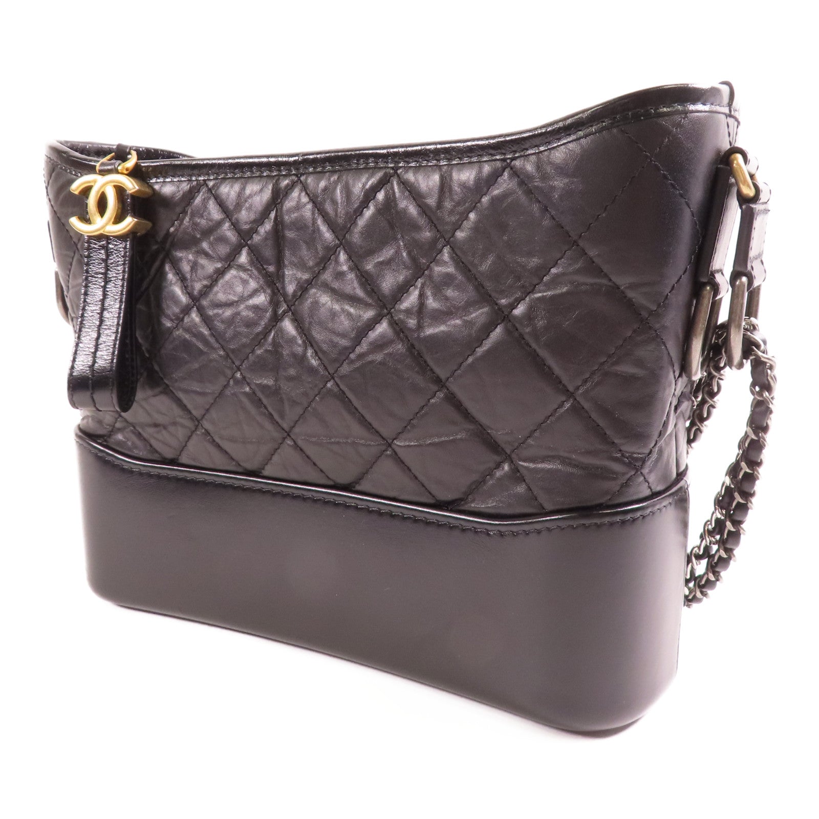 CHANEL CC GHW Garbrielle Medium Chain Shoulder Bag Calfskin Leather Black