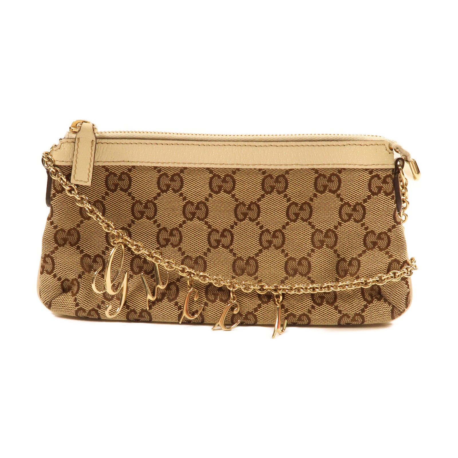 GUCCI 帆布Chain Shoulder金扣鏈帶肩背袋米色