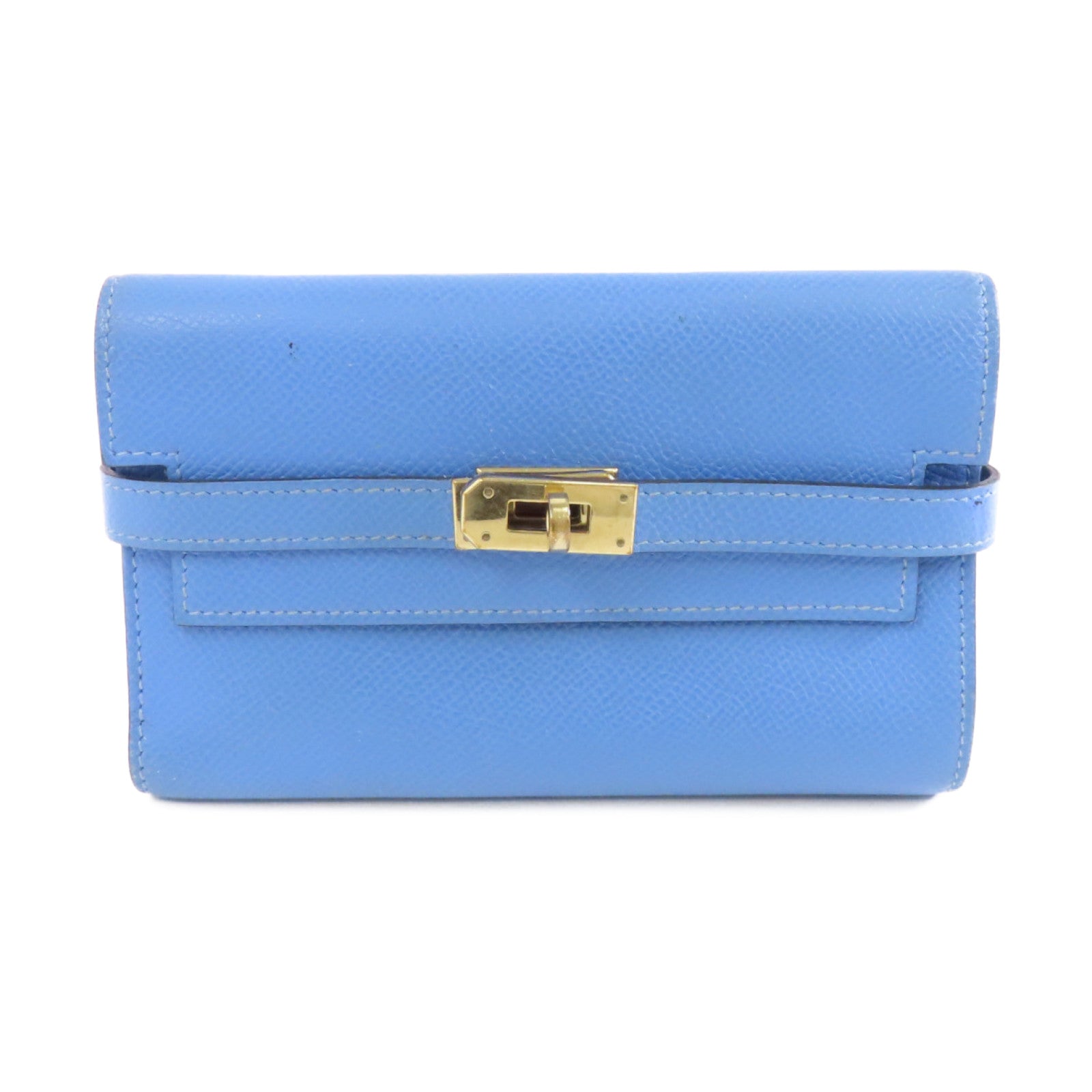 HERMES 【激減優惠】Epsom皮革Kelly Compact Wallet金扣錢包Blue Paradis/藍色