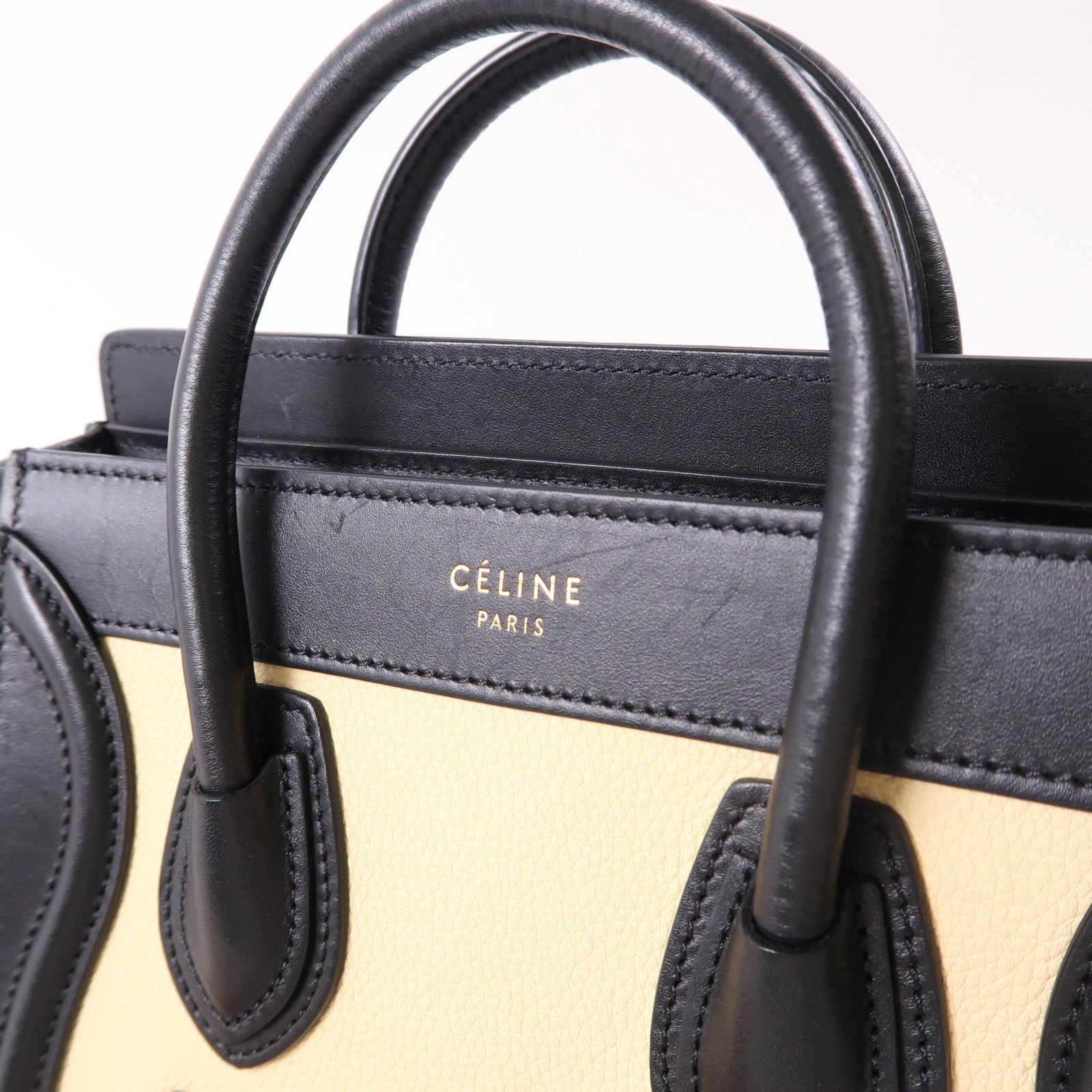 CELINE 牛皮皮革Nano Luggage金扣手挽肩背兩用袋綠色/米色/黑色