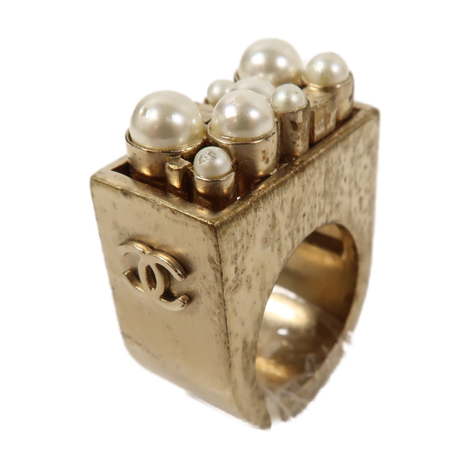 CHANEL 金屬Pearl Ring戒指白色/金色US#7