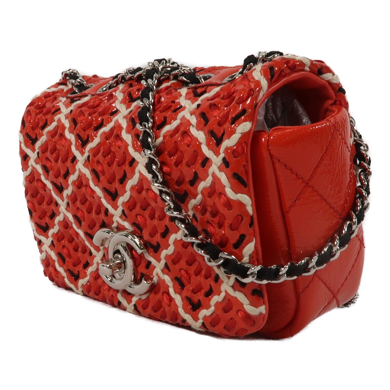 CHANEL 漆皮皮革Woren Stitch Mini Flap鏈帶肩背袋