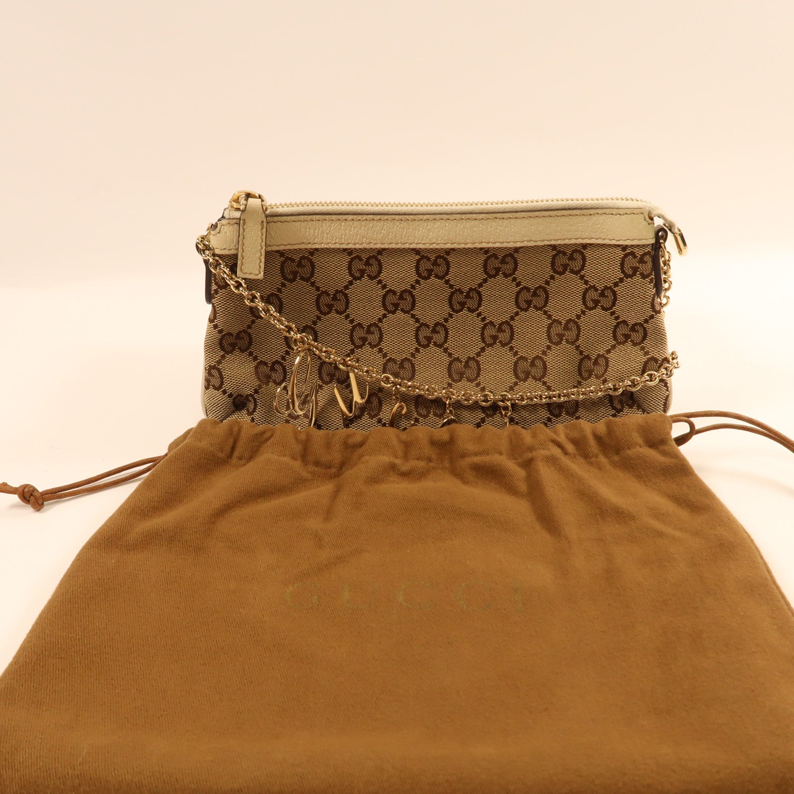 GUCCI 帆布Chain Shoulder金扣鏈帶肩背袋米色