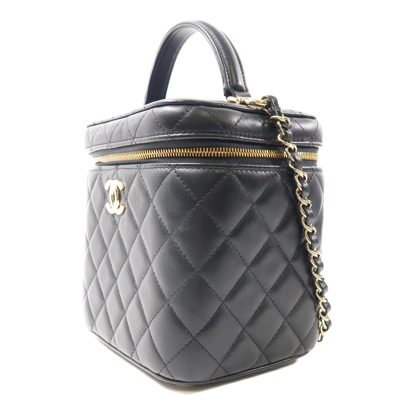 CHANEL 【激減優惠】菱格羊皮皮革Vanity Chain Shoulder金扣鏈帶手挽肩背兩用袋黑色