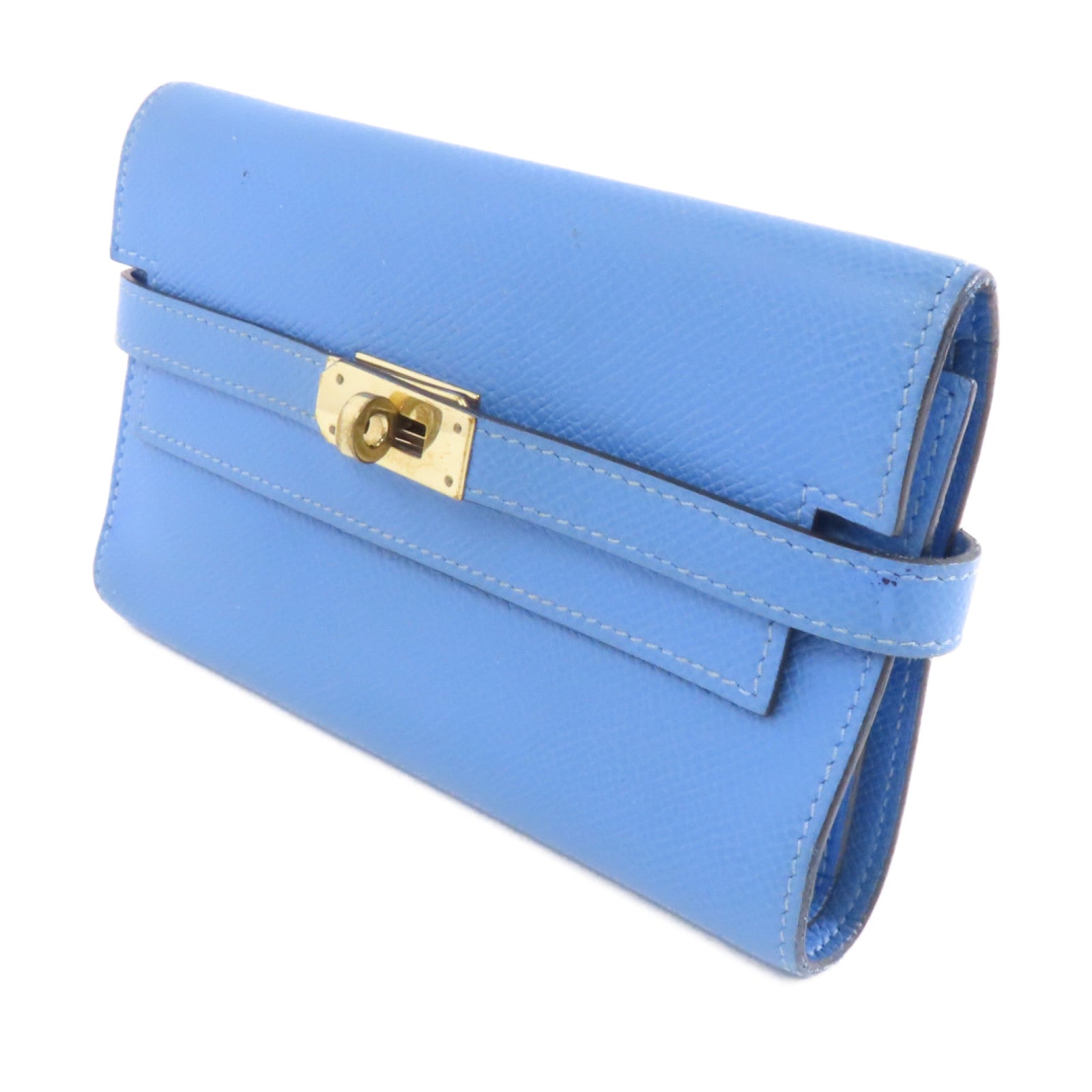 HERMES 【激減優惠】Epsom皮革Kelly Compact Wallet金扣錢包Blue Paradis/藍色