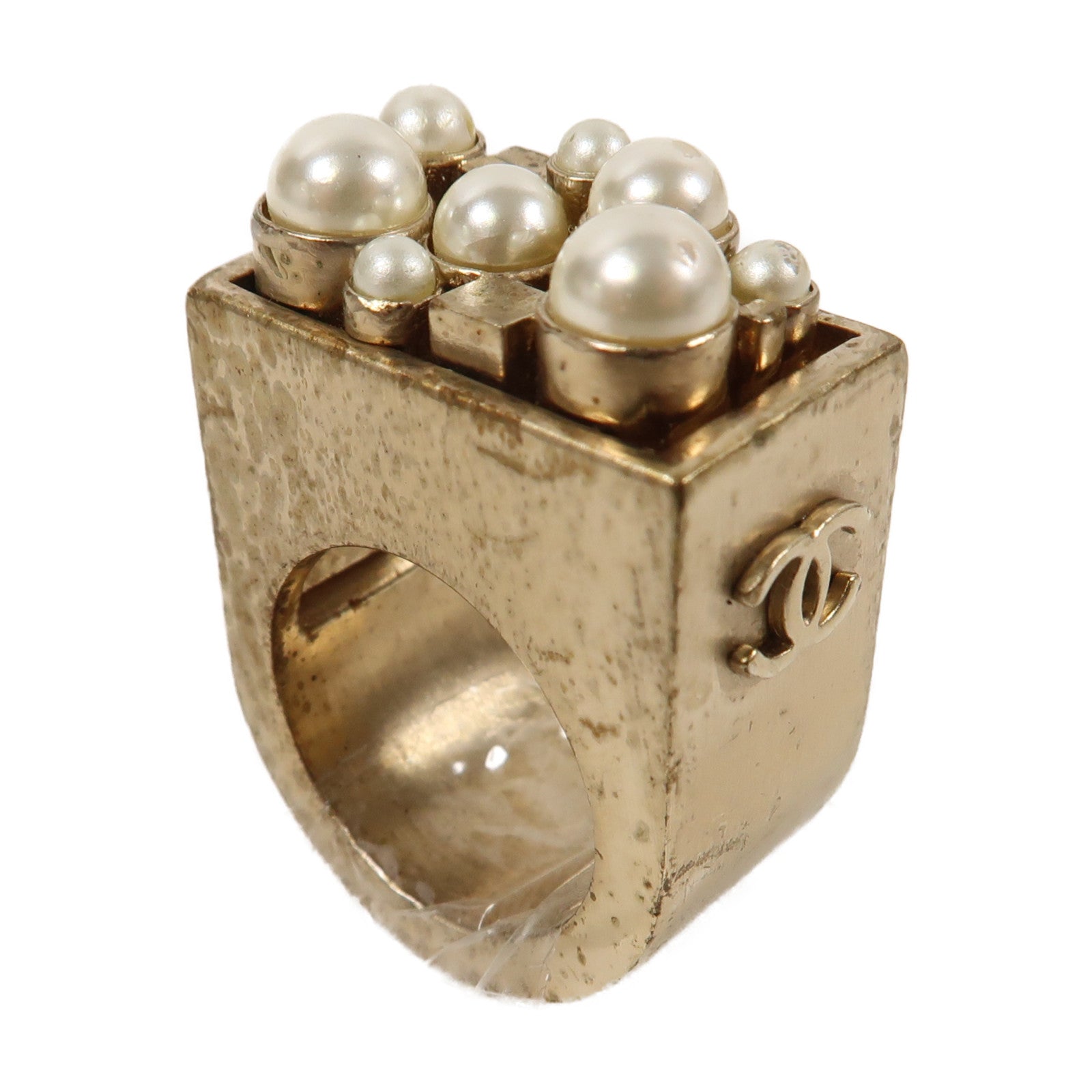CHANEL 金屬Pearl Ring戒指白色/金色US#7