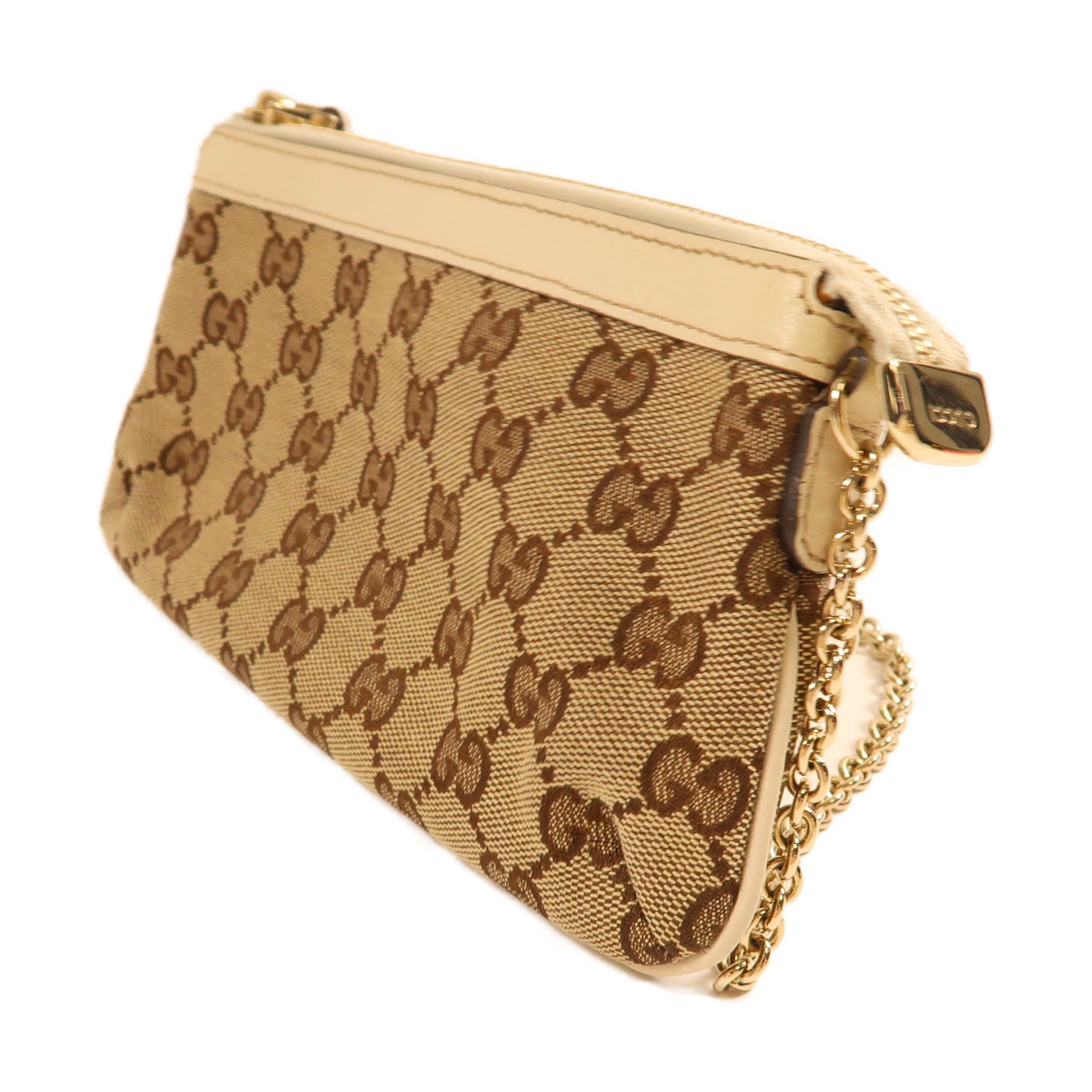 GUCCI 帆布Chain Shoulder金扣鏈帶肩背袋米色