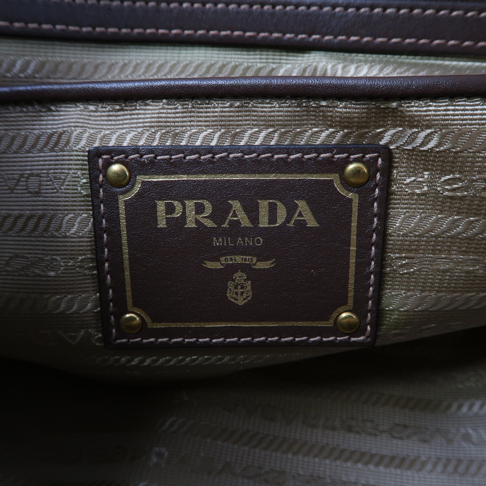 PRADA 帆布Logo Jacquard金扣手挽肩背兩用袋啡色