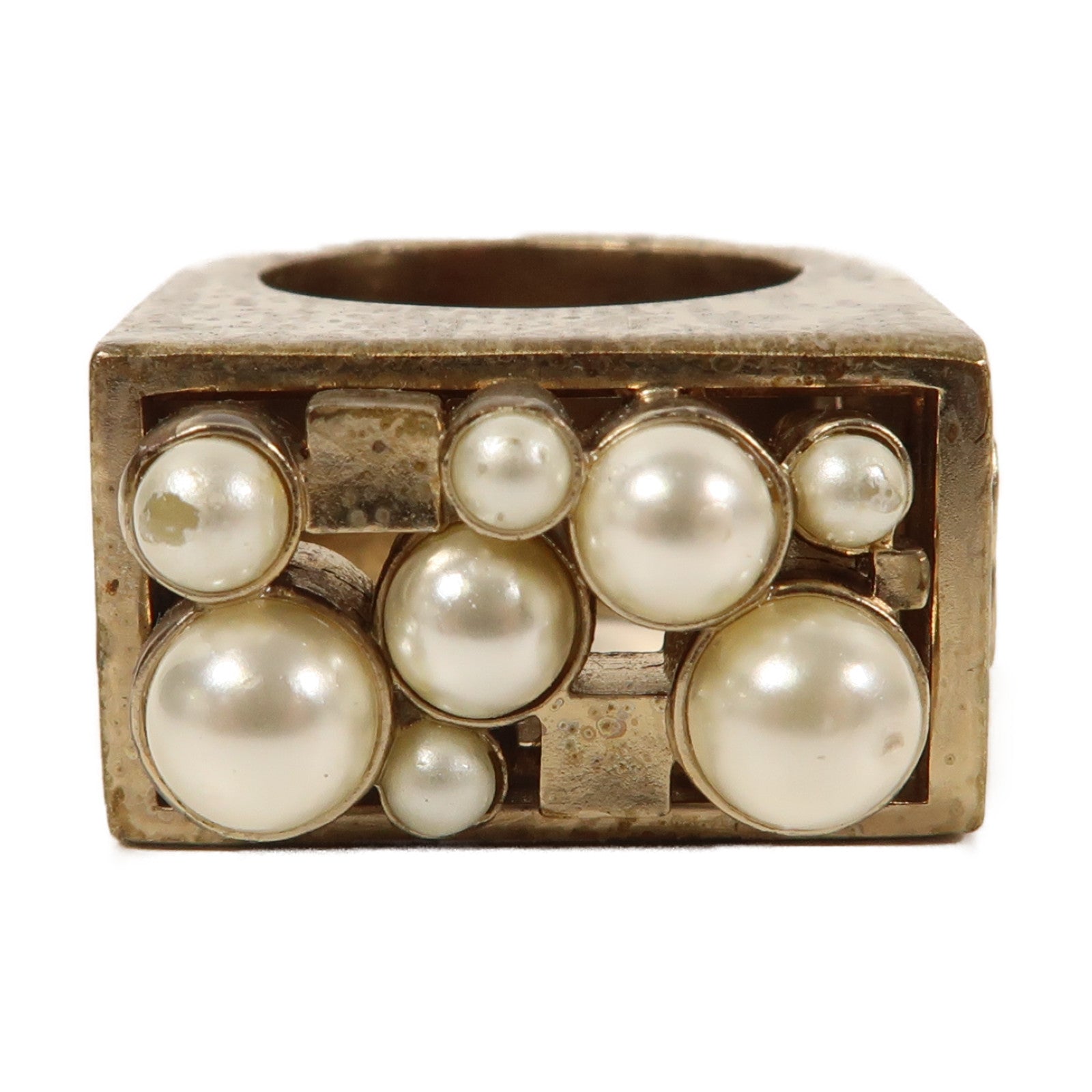 CHANEL 金屬Pearl Ring戒指白色/金色US#7