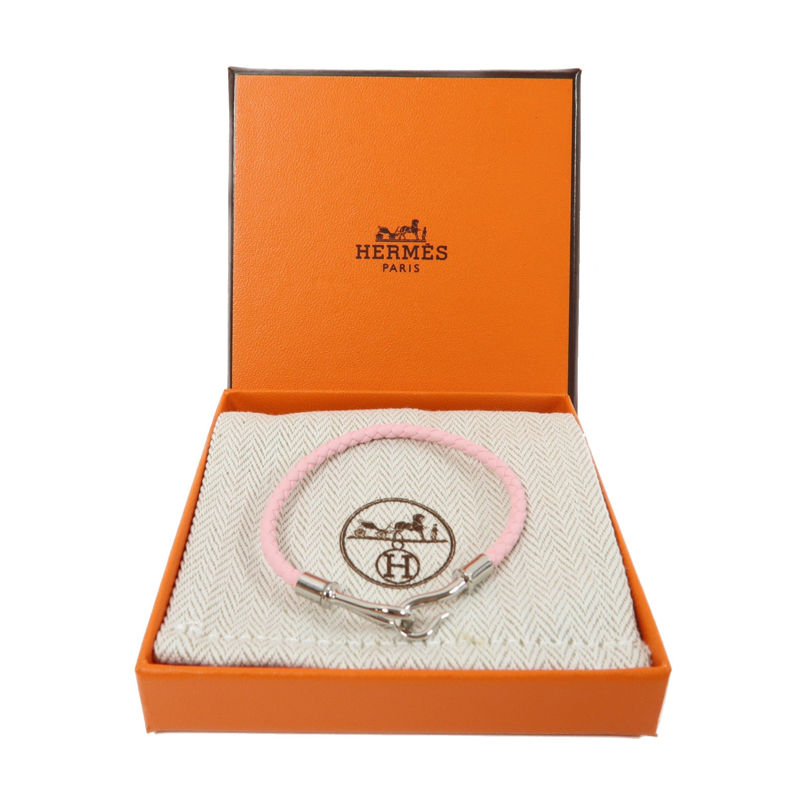 HERMES 皮革Jumbo H Bracelet銀扣手鐲櫻花粉色