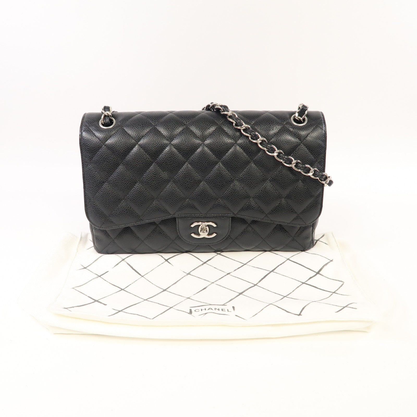 CHANEL 【激減優惠】菱格皮革Classic Jumbo銀扣鏈帶肩背袋黑色
