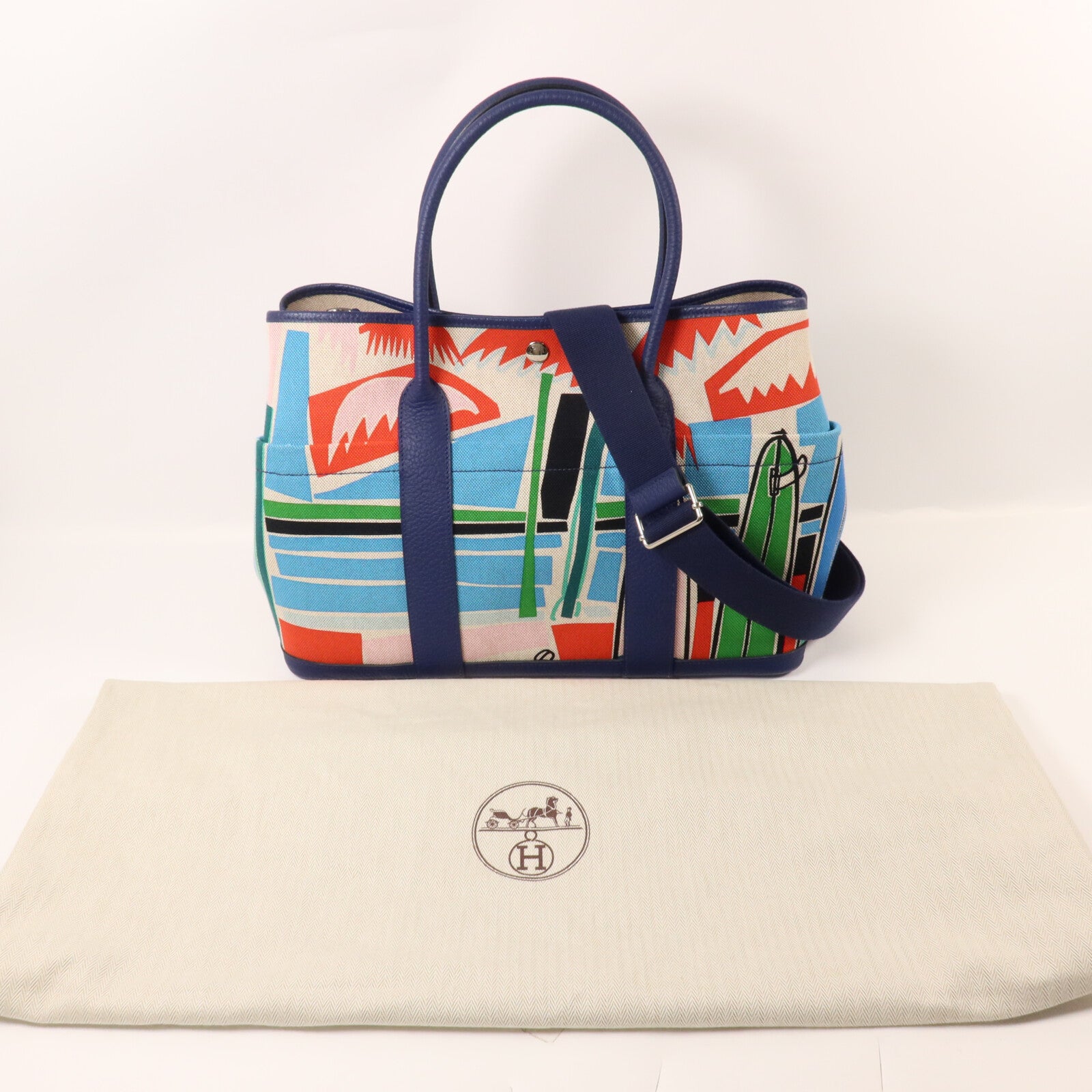 HERMES 帆布/Negonda皮革Garden Party Pocket手挽袋Bleu Electrique