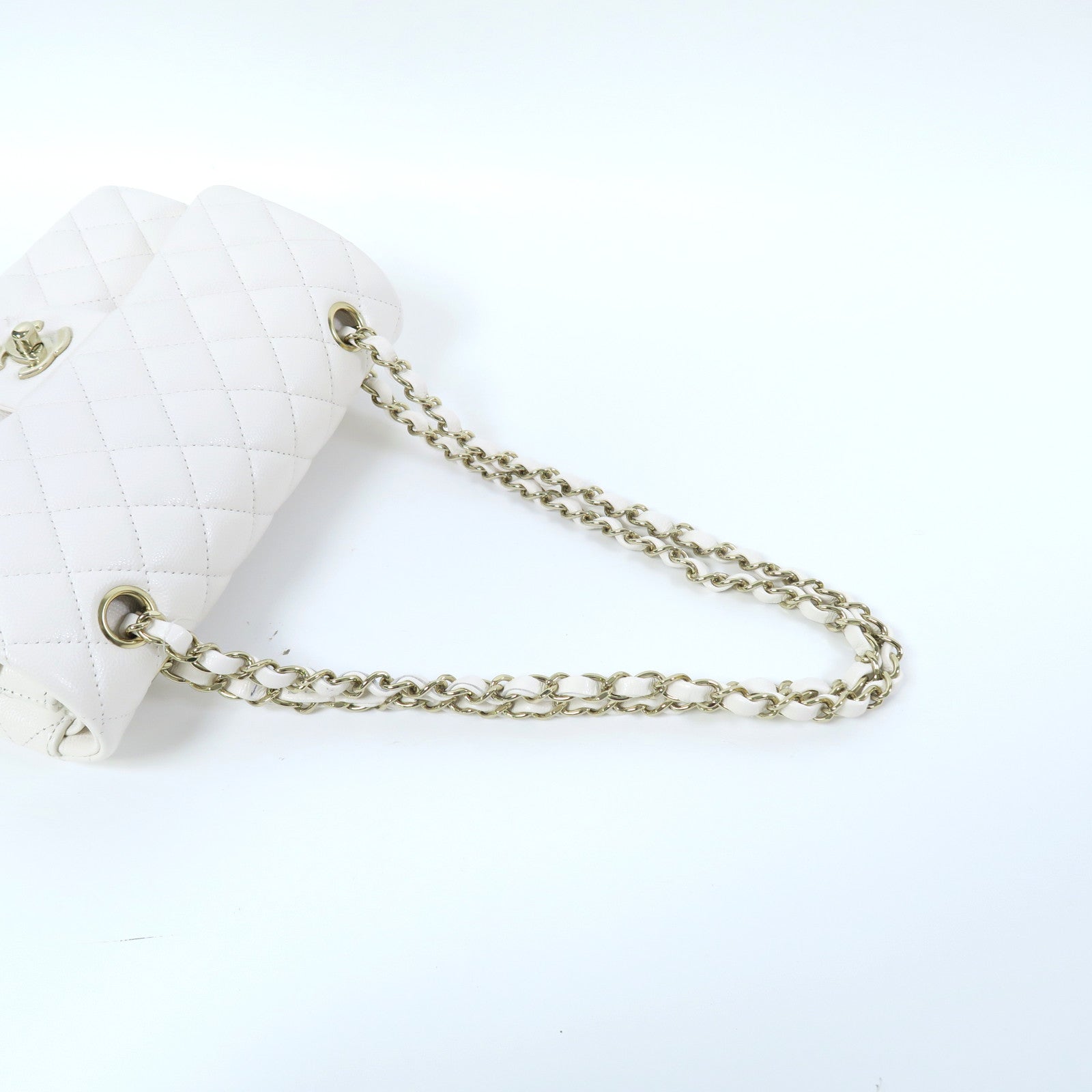 CHANEL 菱格Caviar皮革Classic Flap 23金扣鏈帶肩背袋白色