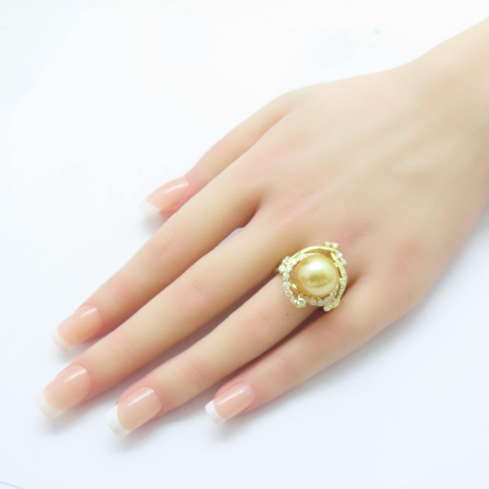 JEWELRY 18K黃金Pearl Ring珍珠13.1mm/0.88ct鑽石戒指US#8.75