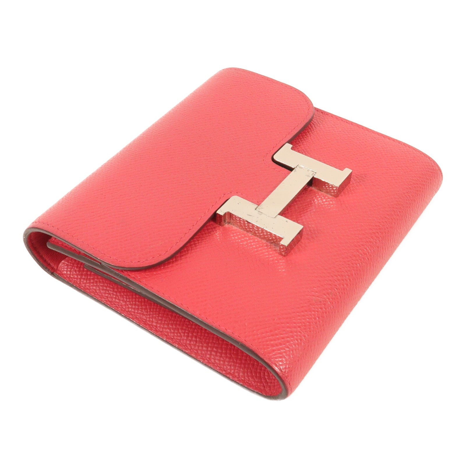 HERMES Epsom皮革Constance Short Wallet銀扣錢包Red