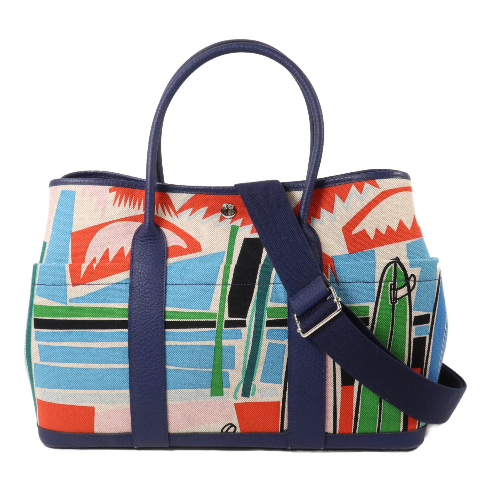 HERMES 帆布/Negonda皮革Garden Party Pocket手挽袋Bleu Electrique