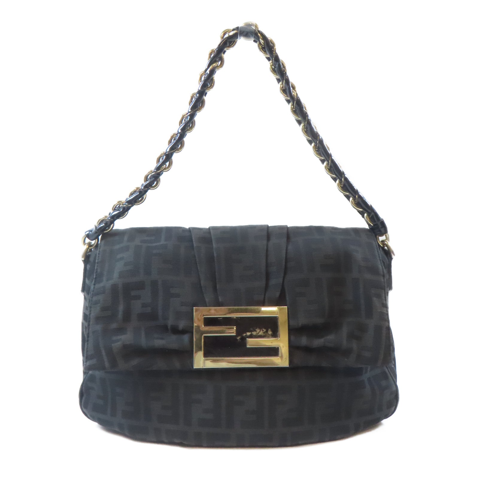 FENDI 帆布Zucca Mia Flap銀扣肩背袋啡色