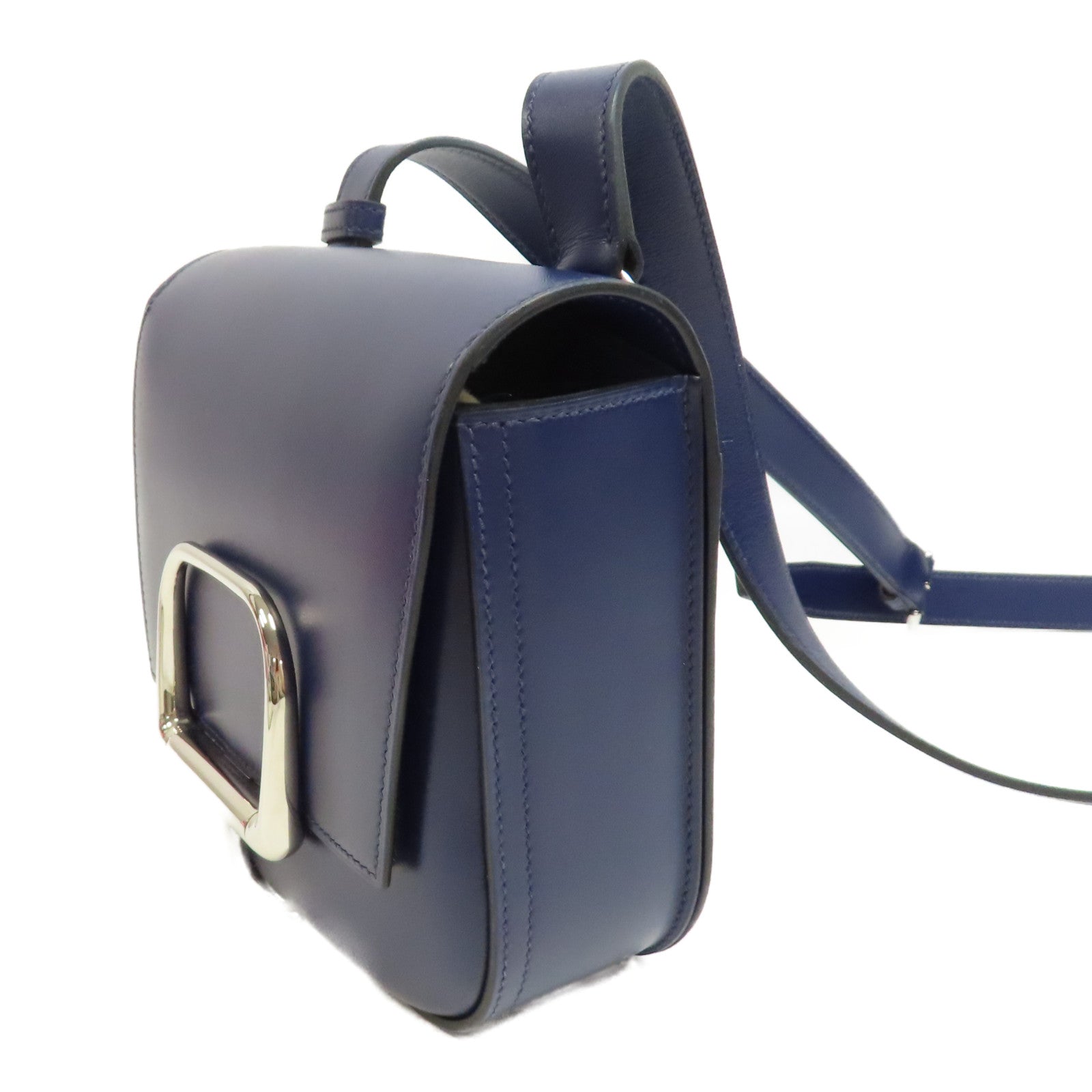 HERMES 【激減優惠】Tadelakt皮革Della Cavalleria Mini銀扣肩背袋Bleu Saphir/藍色