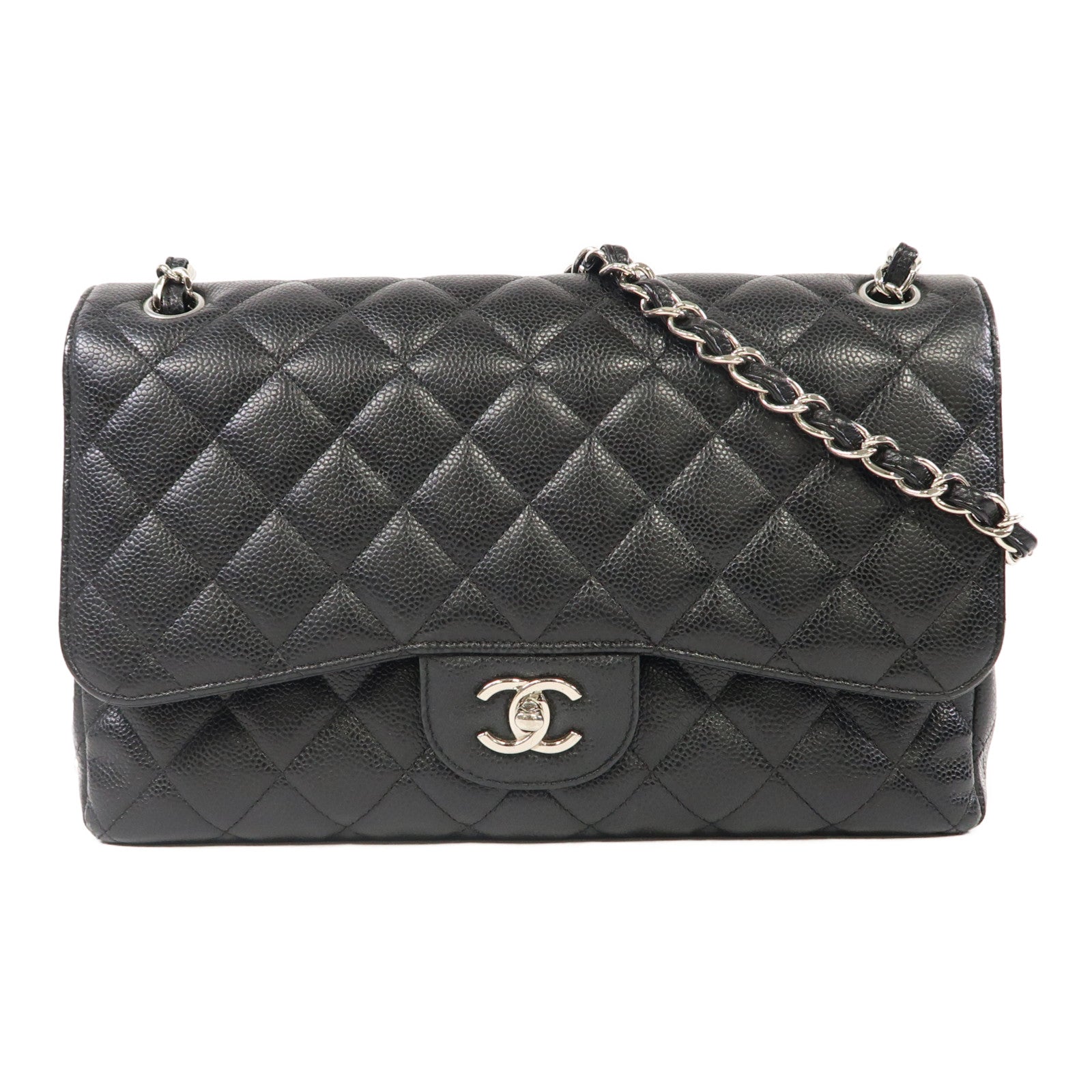 CHANEL 【激減優惠】菱格皮革Classic Jumbo銀扣鏈帶肩背袋黑色