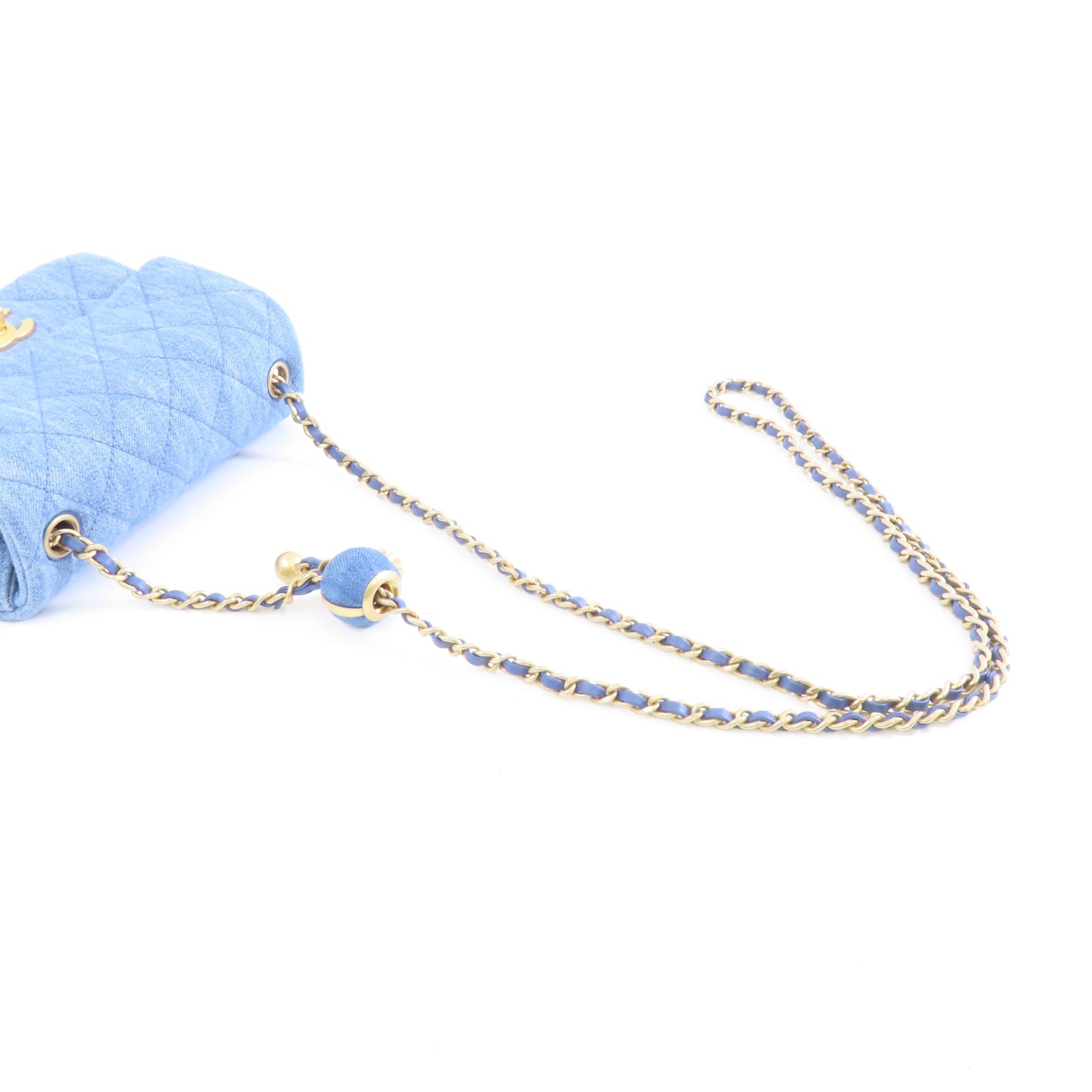 CHANEL 菱格牛仔布Shoulder Bag金扣鏈帶肩背袋藍色