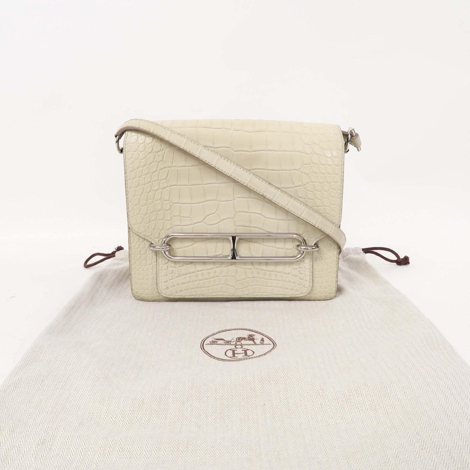 HERMES 鱷魚皮革Roulis 23銀扣肩背袋灰綠色