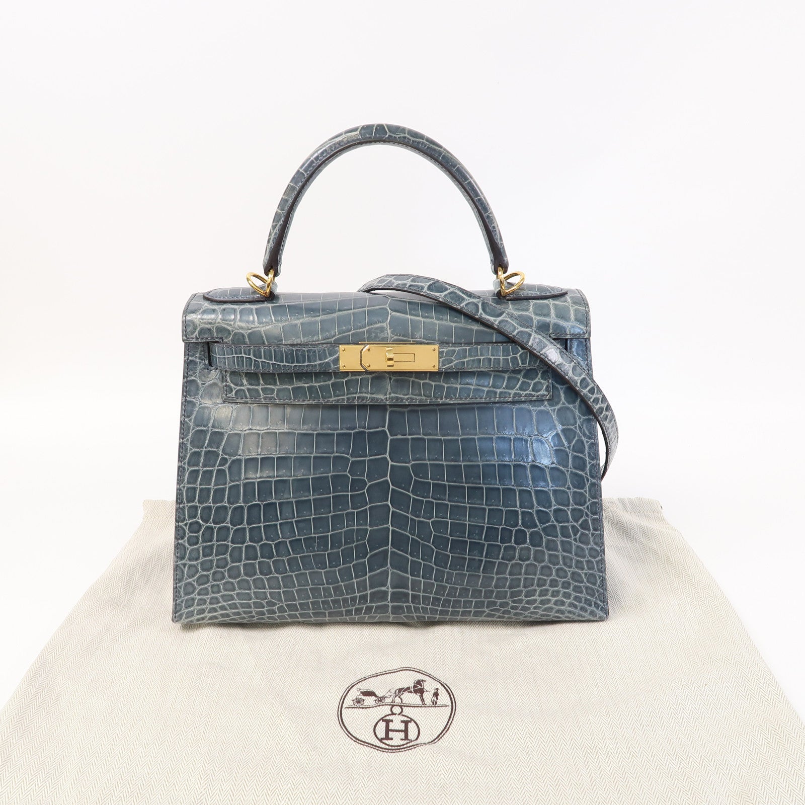 HERMES 鱷魚皮革Kelly 28金扣手挽肩背兩用袋風暴藍色