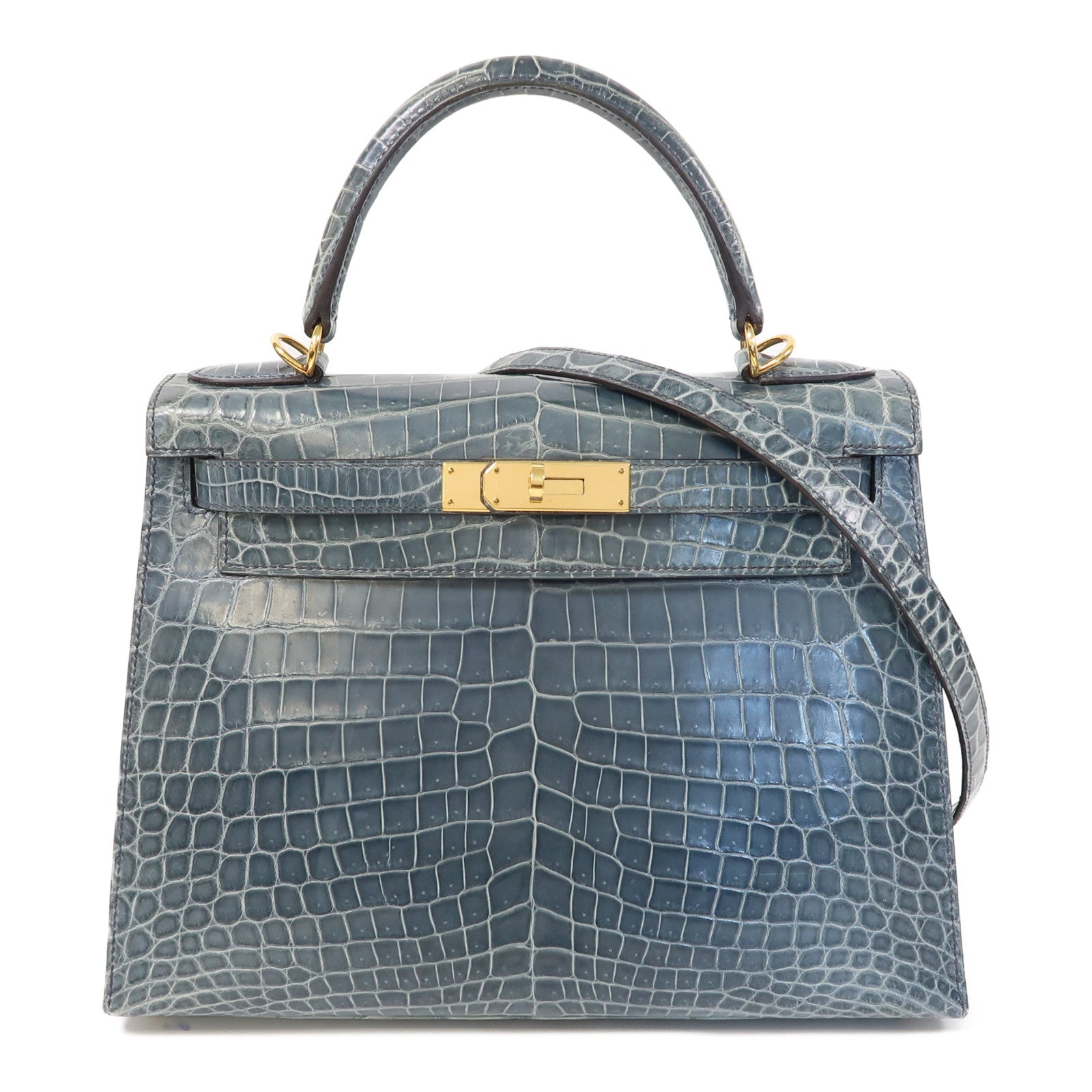 HERMES 鱷魚皮革Kelly 28金扣手挽肩背兩用袋風暴藍色