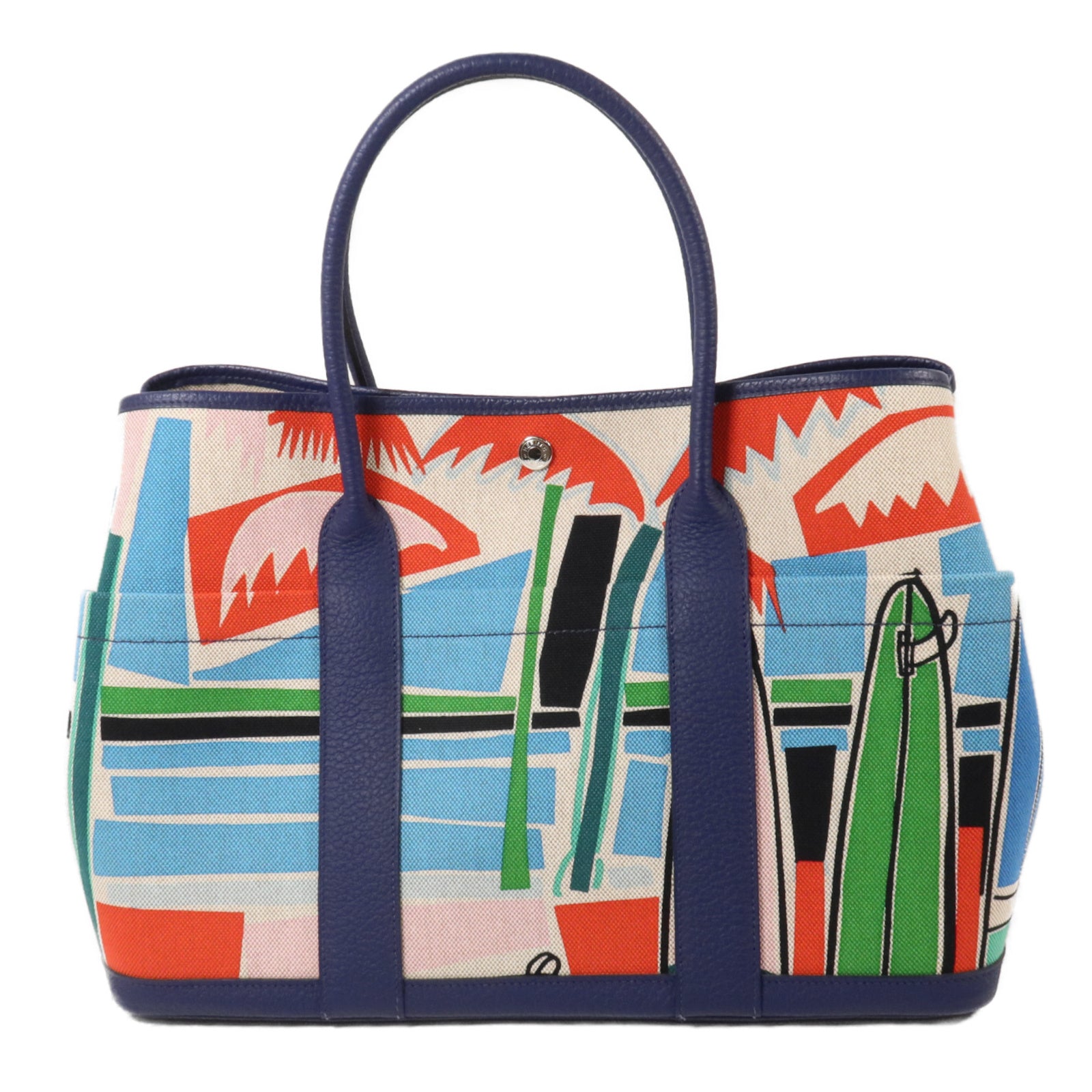 HERMES 帆布/Negonda皮革Garden Party Pocket手挽袋Bleu Electrique