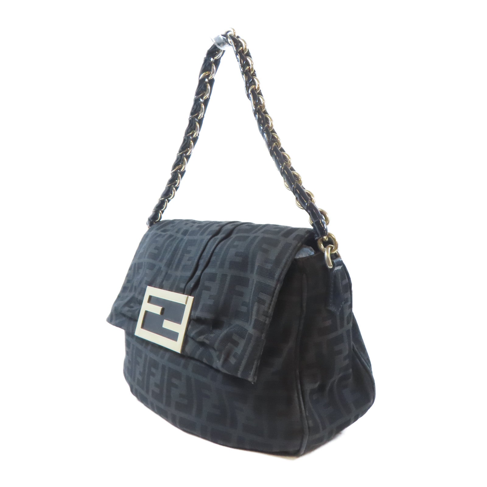FENDI 帆布Zucca Mia Flap銀扣肩背袋啡色