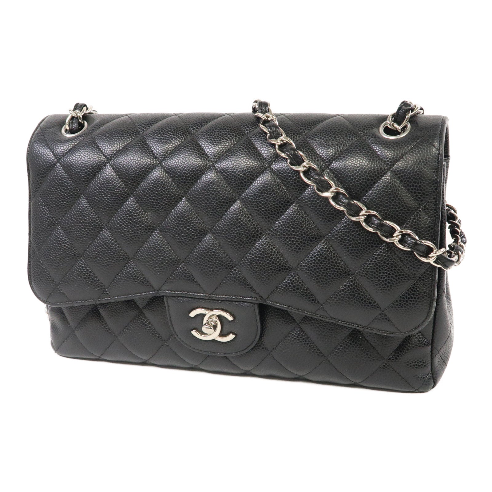 CHANEL 【激減優惠】菱格皮革Classic Jumbo銀扣鏈帶肩背袋黑色