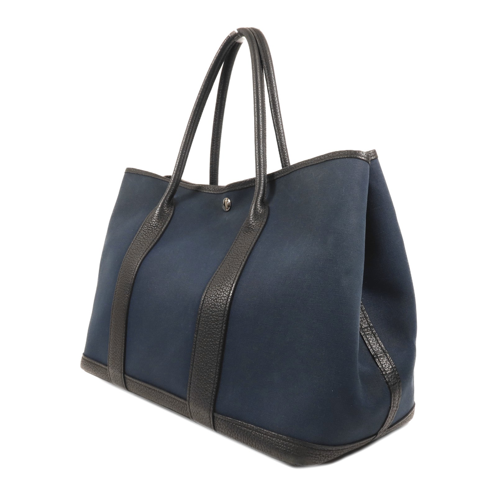 HERMES 帆布GardenParty PM銀扣手挽袋Bleu de Malte